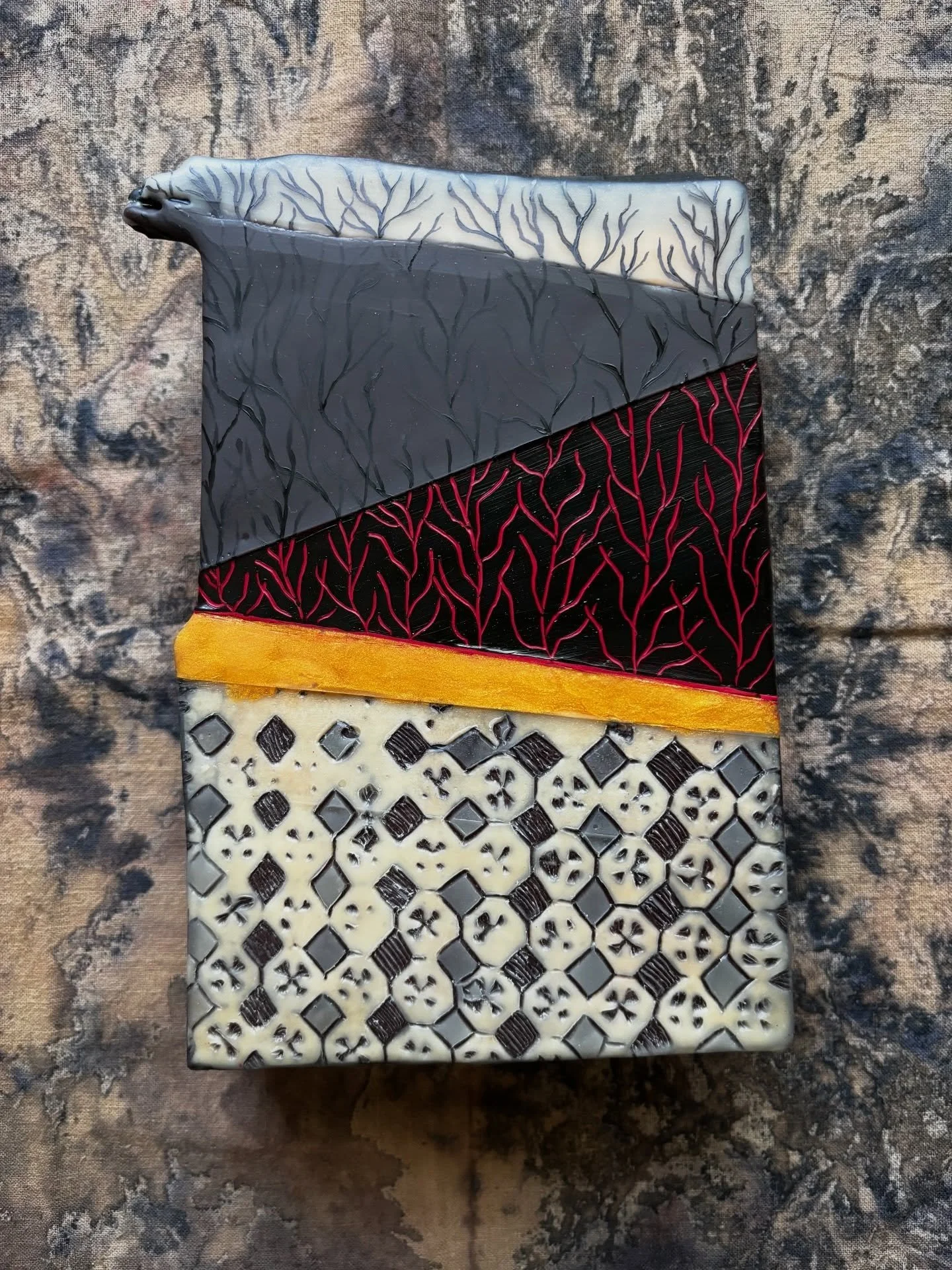 A piece of oddly shaped wood from the lumber yard turned out to be one of my favorites of the year. Using yakisugi to finish the edges was key, I think.
Encaustic medium, oils and woodblock print. 

#encaustic #yakisugi #shousugiban #encausticpaintin