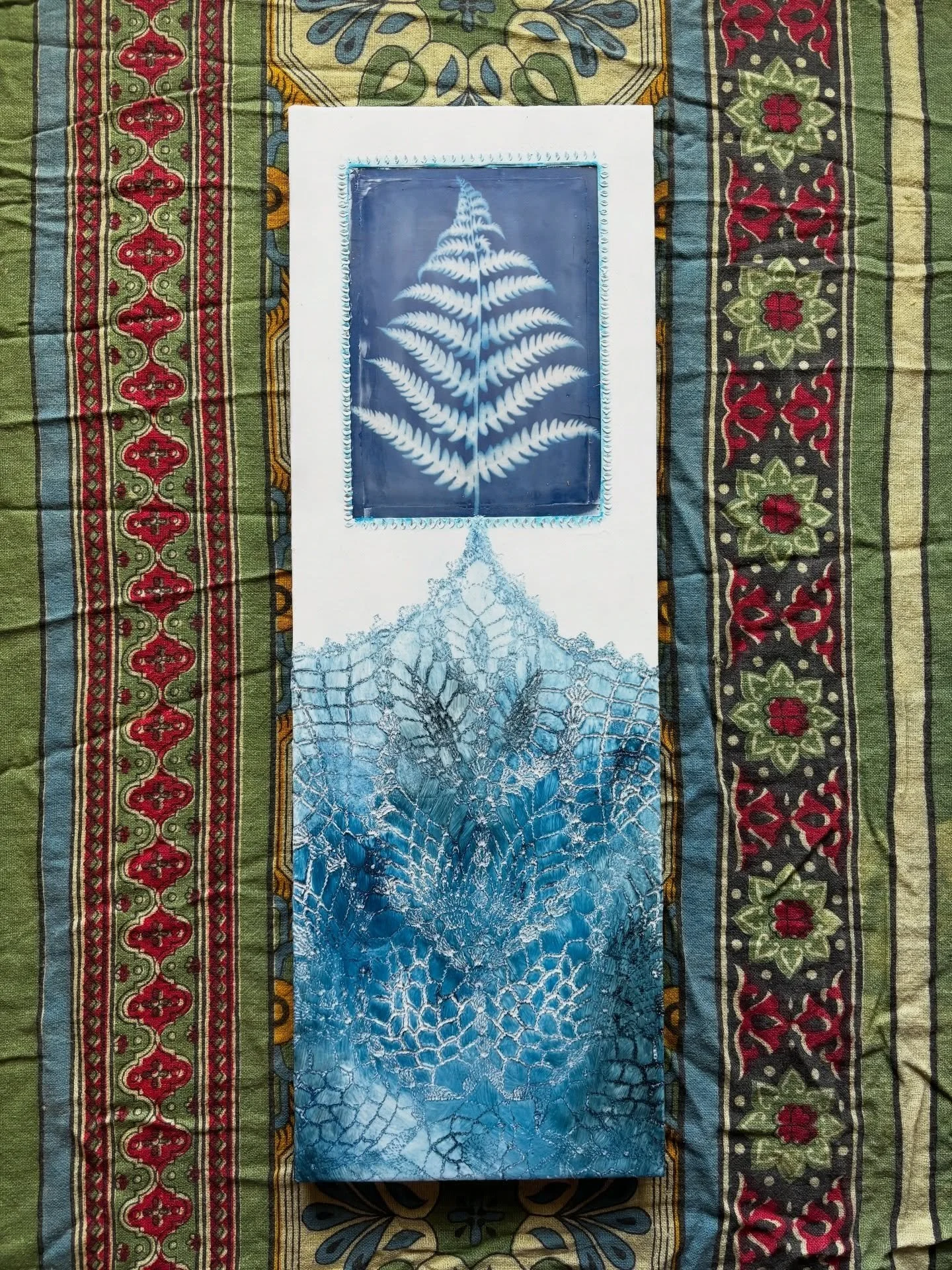 Next in the series of cyanotype encaustics. 
Inherited Patterns. Cyanotype, encaustic, and oil paint. 7x21&rdquo; with yakisugi edges. 
#encausticpainting #mnartist #mixedmediapainting #cyanotype