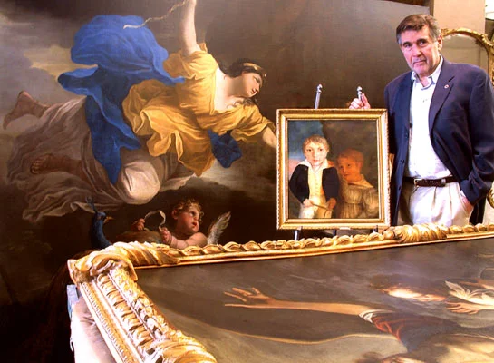 Above: Master Conservator, Walter Nowatka,&nbsp;with two large allegorical paintings restored for the Lambert Castle Museum and one small stylized portrait partially cleaned.