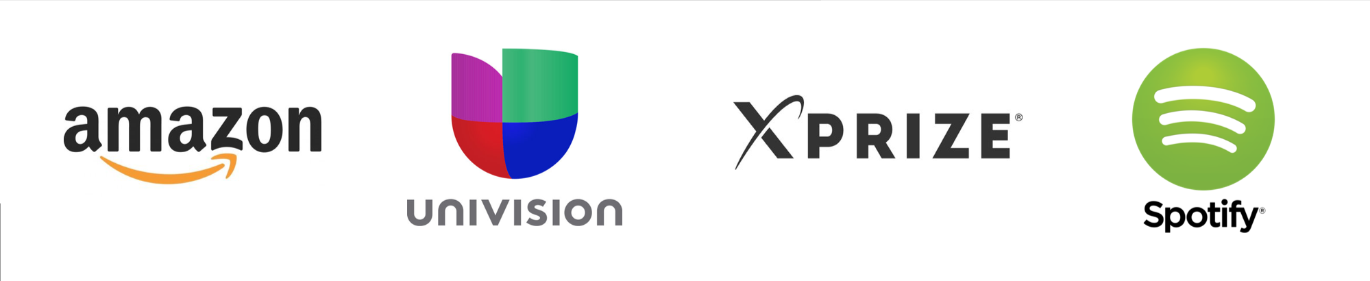 Amazon, Univision, XPrize and Spotify logos