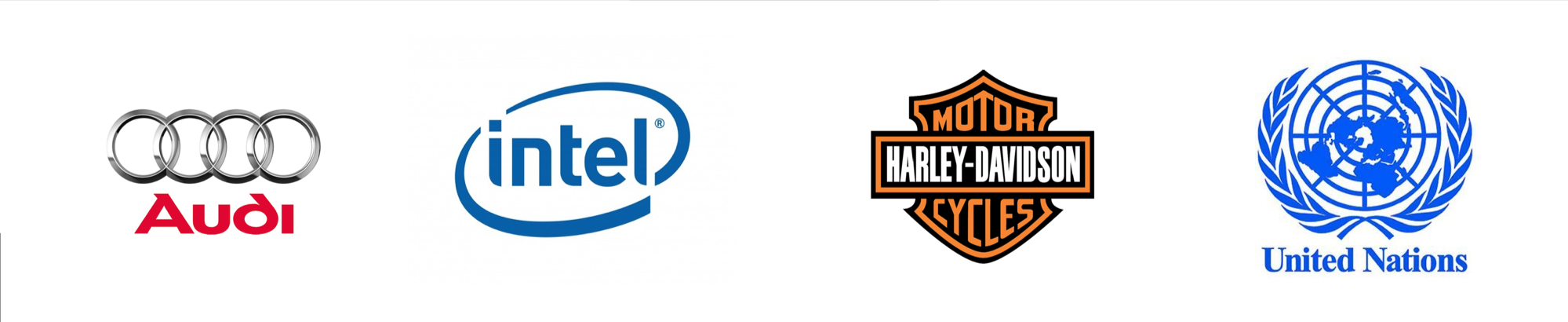 Audi, Intel, Harley-Davidson and United Nations logos