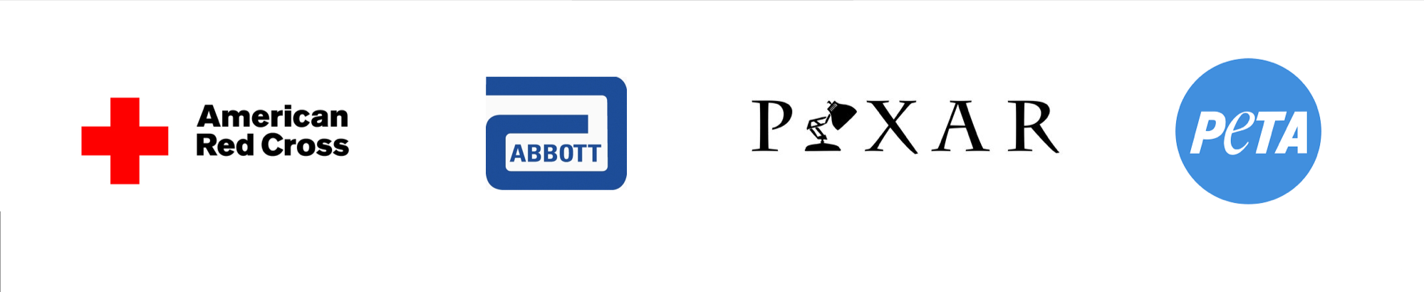 Red Cross, Abbott, Pixar and Peta logos