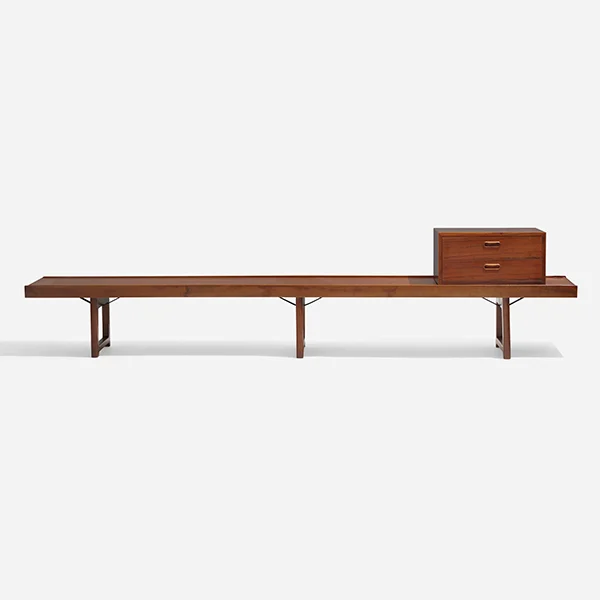 robo 150 bench and cabinet designed by Torbjørn Afdal and made by Mellemstrands Trevareindstri for Bruksbo, c. 1962, of teak, rosewood, and enameled steel. Courtesy of Wright.