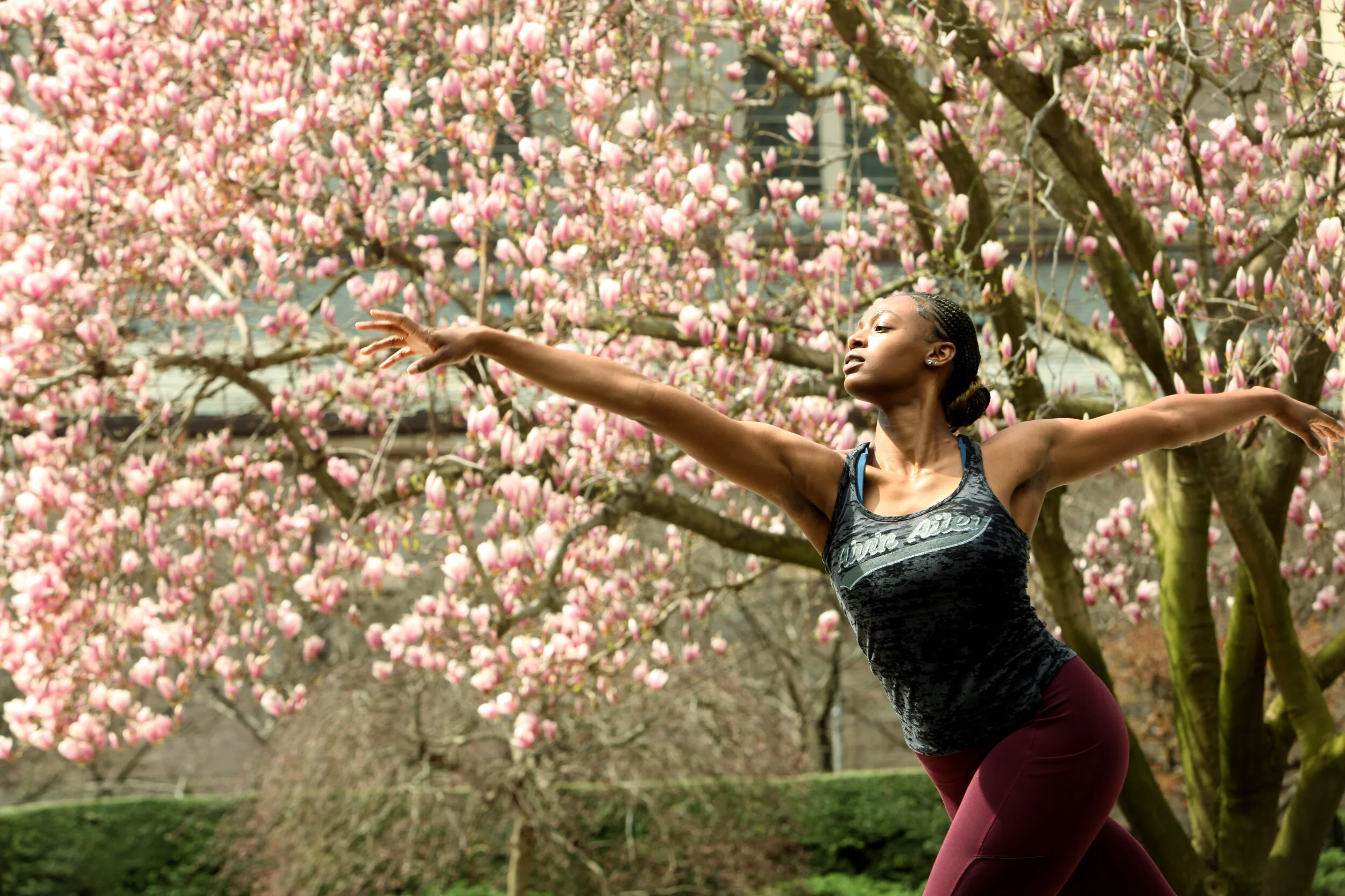 A woman practicing yoga outdoors in front of blooming pink magnolia trees.
