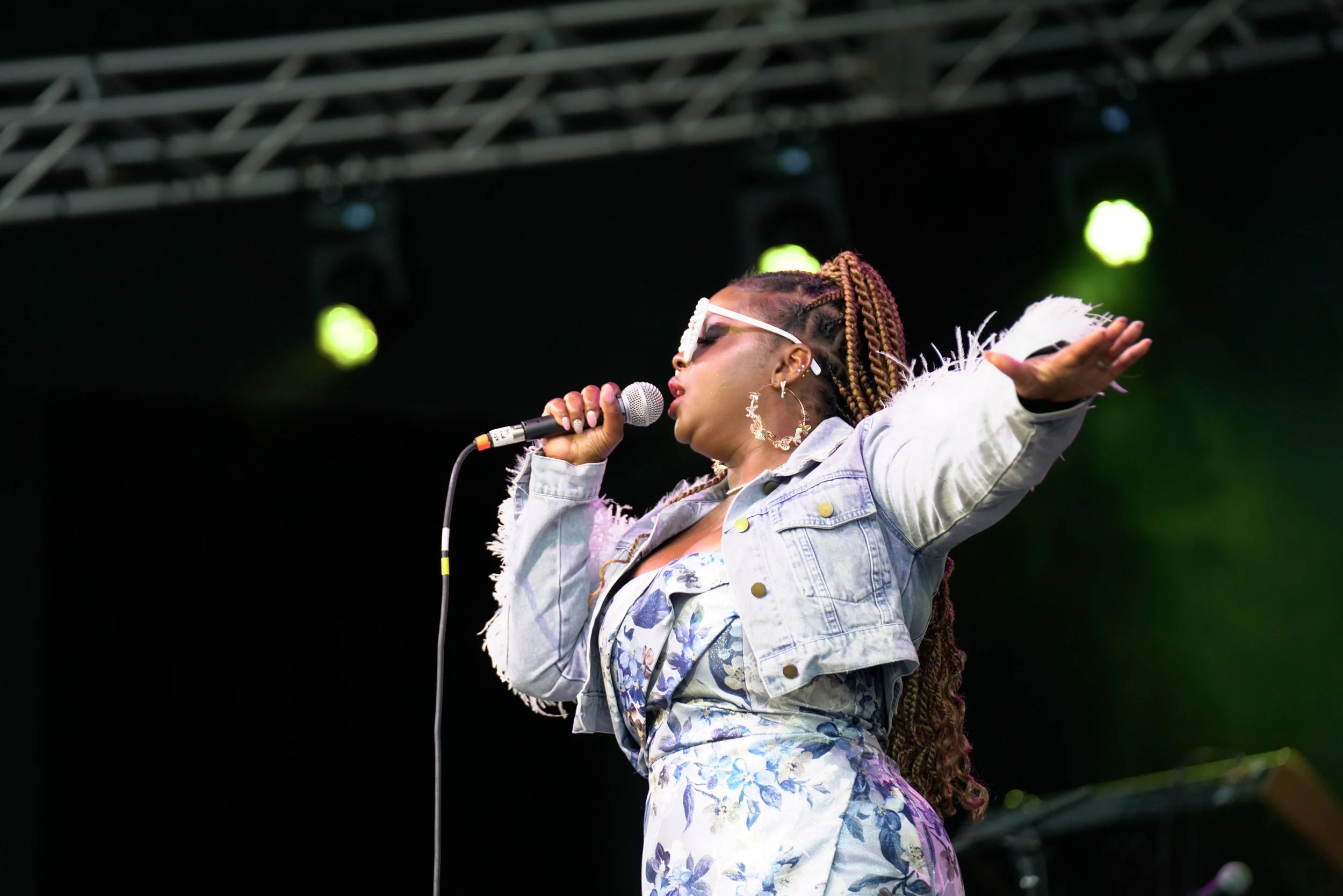 A female singer performing on stage with a microphone, wearing large sunglasses, earrings, a denim jacket, and a floral dress, with her arm raised.