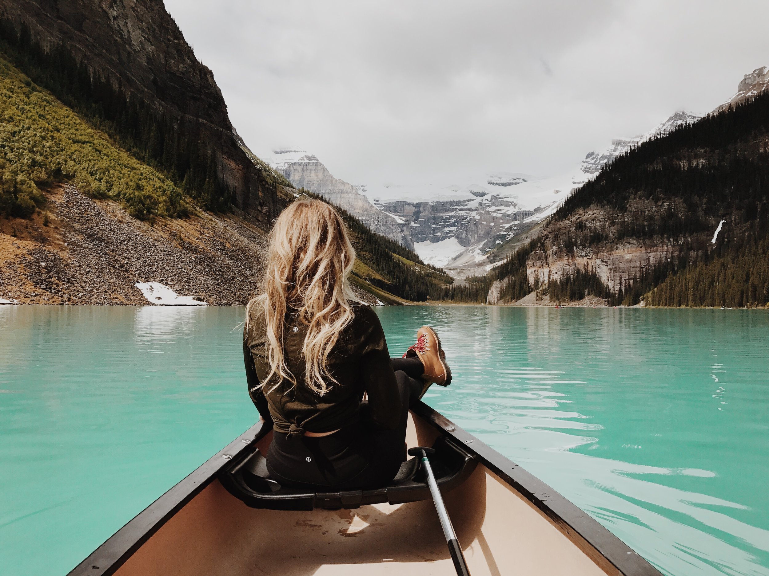 The next day we headed into Banff which turned out to be our most favorite place. We started the day on another canoe trip on Lake Louise, this time much better at rowing and steering the boat! This water made me thirsty. I have never seen a lake this color in my life. We were almost silent for most of the time in the boat because of how insanely beautiful it was to be sitting in the middle of this. Photo by Antrom Kury