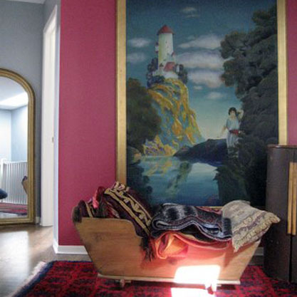 A large oil painting on wood in a romantic style similar to Maxfield Parrish circa 1920.