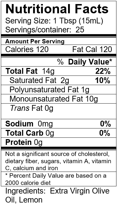 Lemon Fused Extra Virgin Olive Oil Ingredient and Nutritional Info.PNG