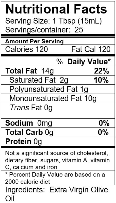Ultra Premium Extra Virgin Olive Oil Ingredient and Nutritional Info.PNG