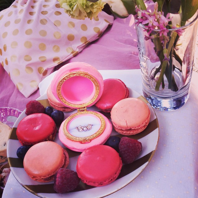 My beautiful engagement ring! A recreation of a 1920s design, presented in, yes, a box that is shaped like a macaron and surrounded by actual macarons.