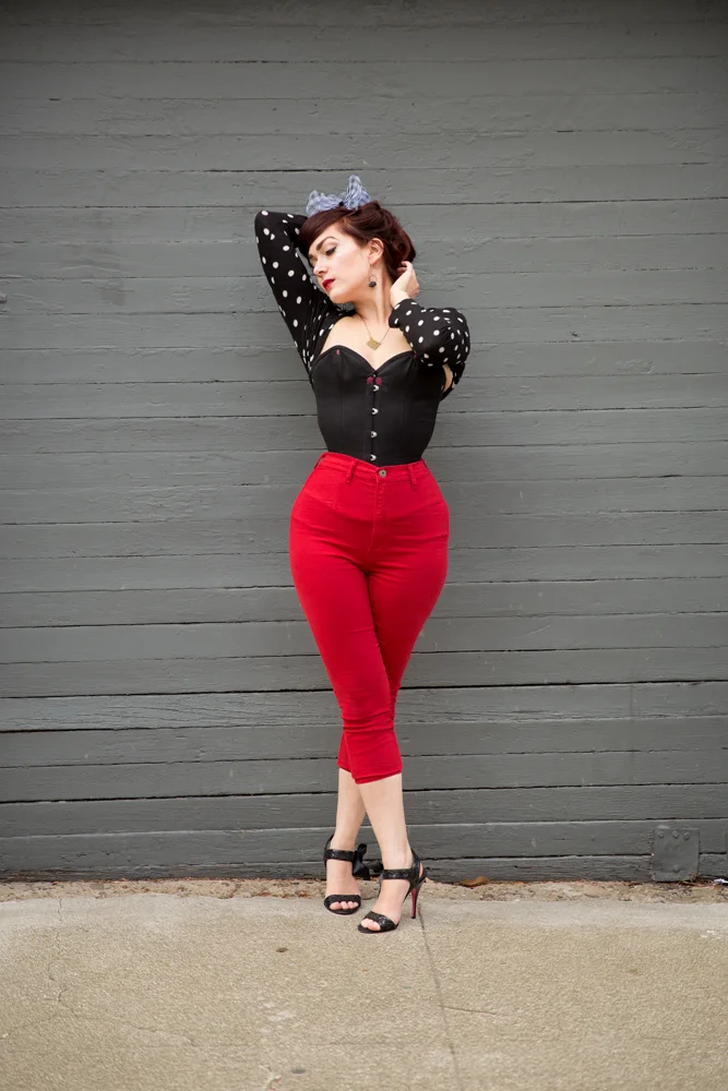 Pop Antique "Vamp" corset styled with Angry Rabbit high waisted jeans | Model: Victoria Dagger | Photo © John Carey