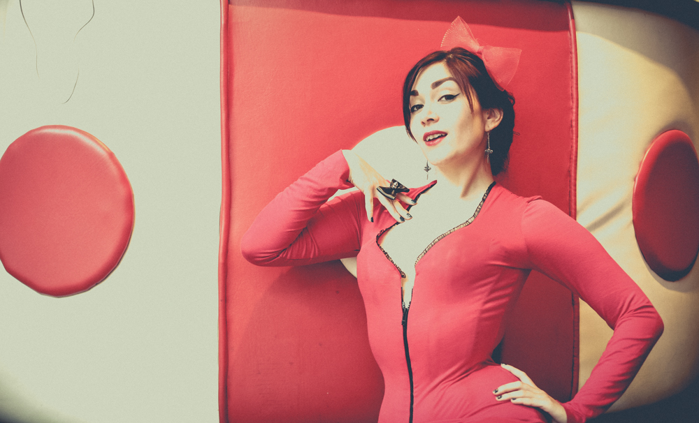 Pop Antique corseted jersey sheath dress. Model: Victoria Dagger. Photo © Max Johnson.