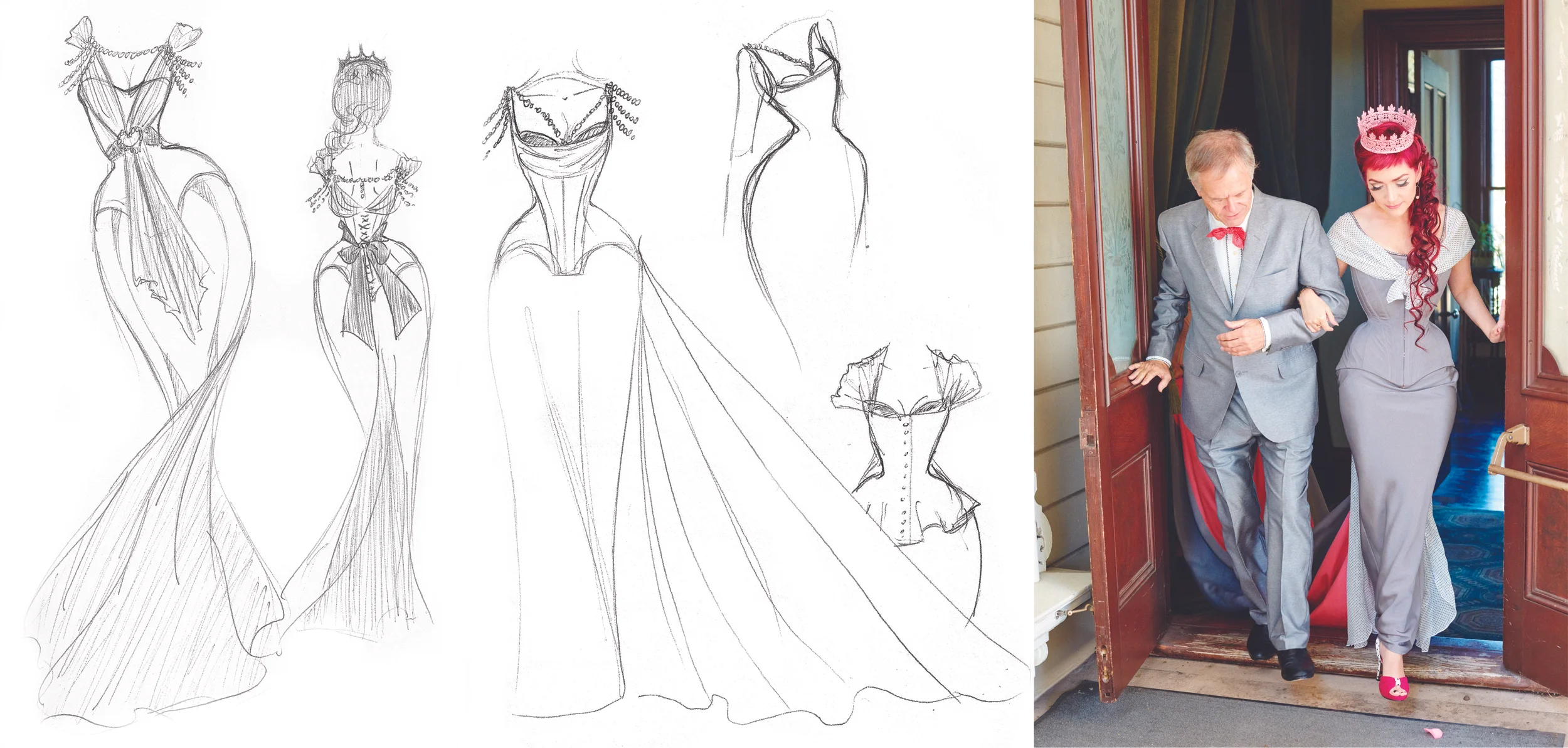 Sketchbook excerpts as I designed my wedding gown (seen on the right).