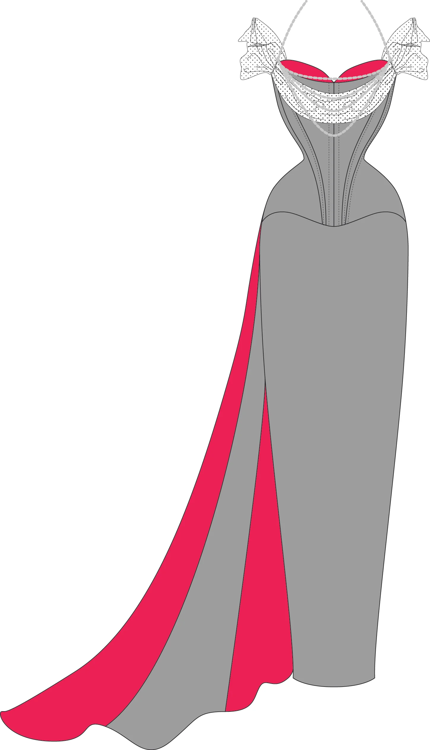 Technical drawing of wedding dress design.