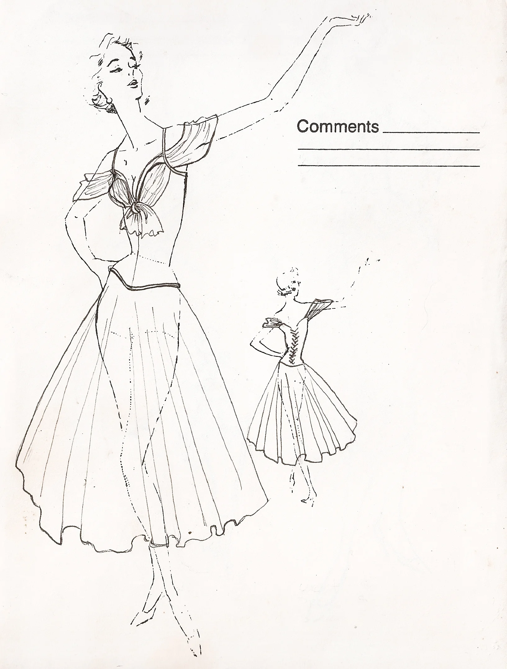 Eveningwear corsetry design sketched on vintage croquis pad.