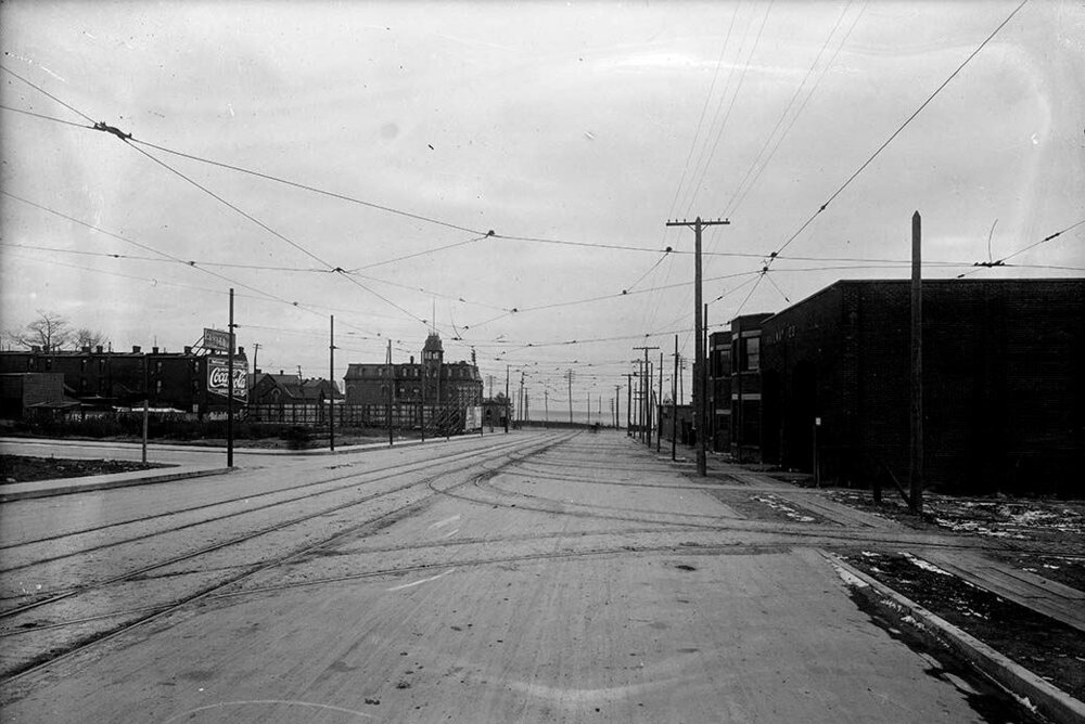 Roncesvalles Avenue looking south to the junction of King Street West and Queen Street West, photographed by James Salmon, 10 December, 1909
