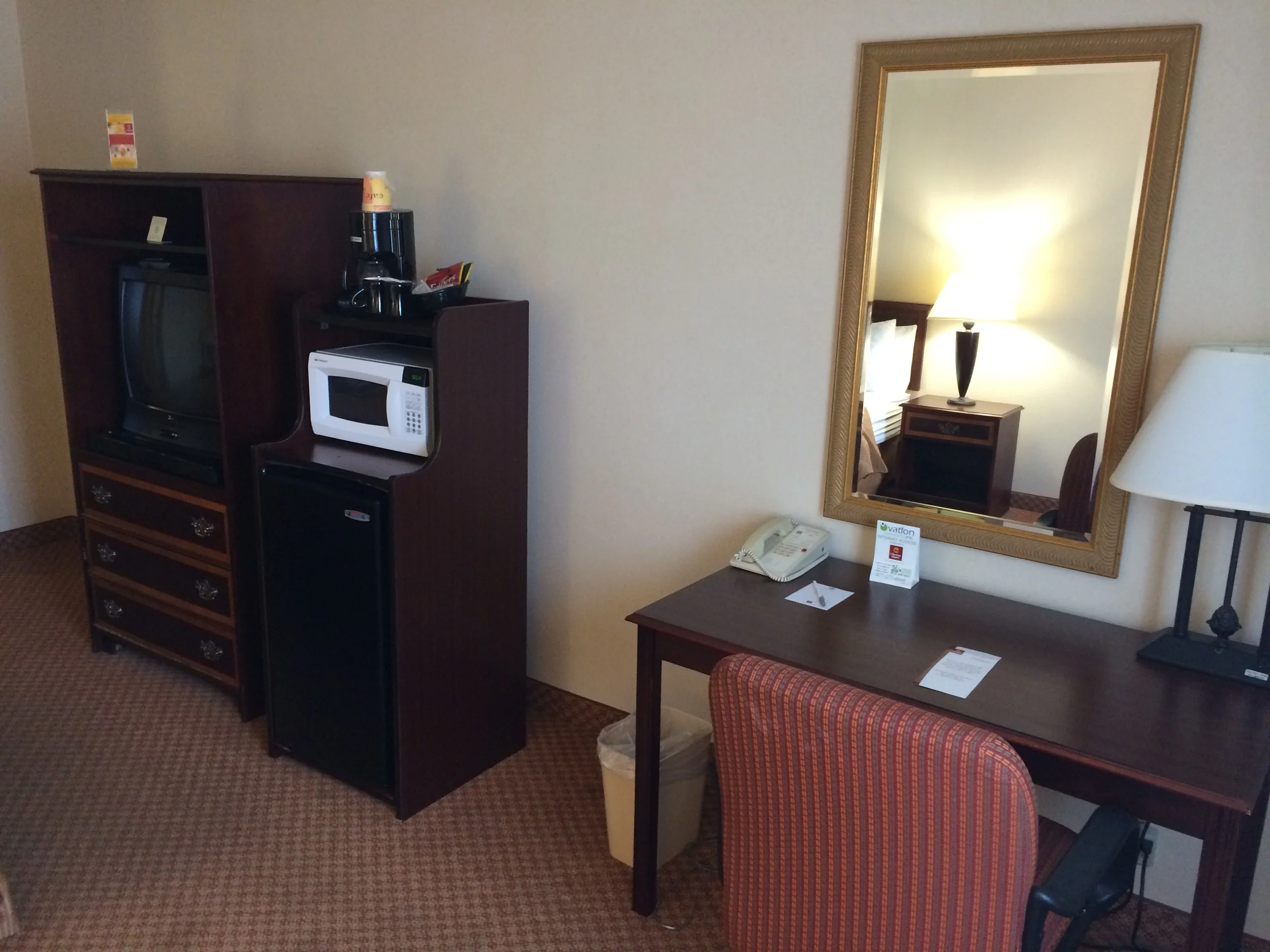 Requirements to make a hotel seem like home: fridge, microwave and coffee pot!