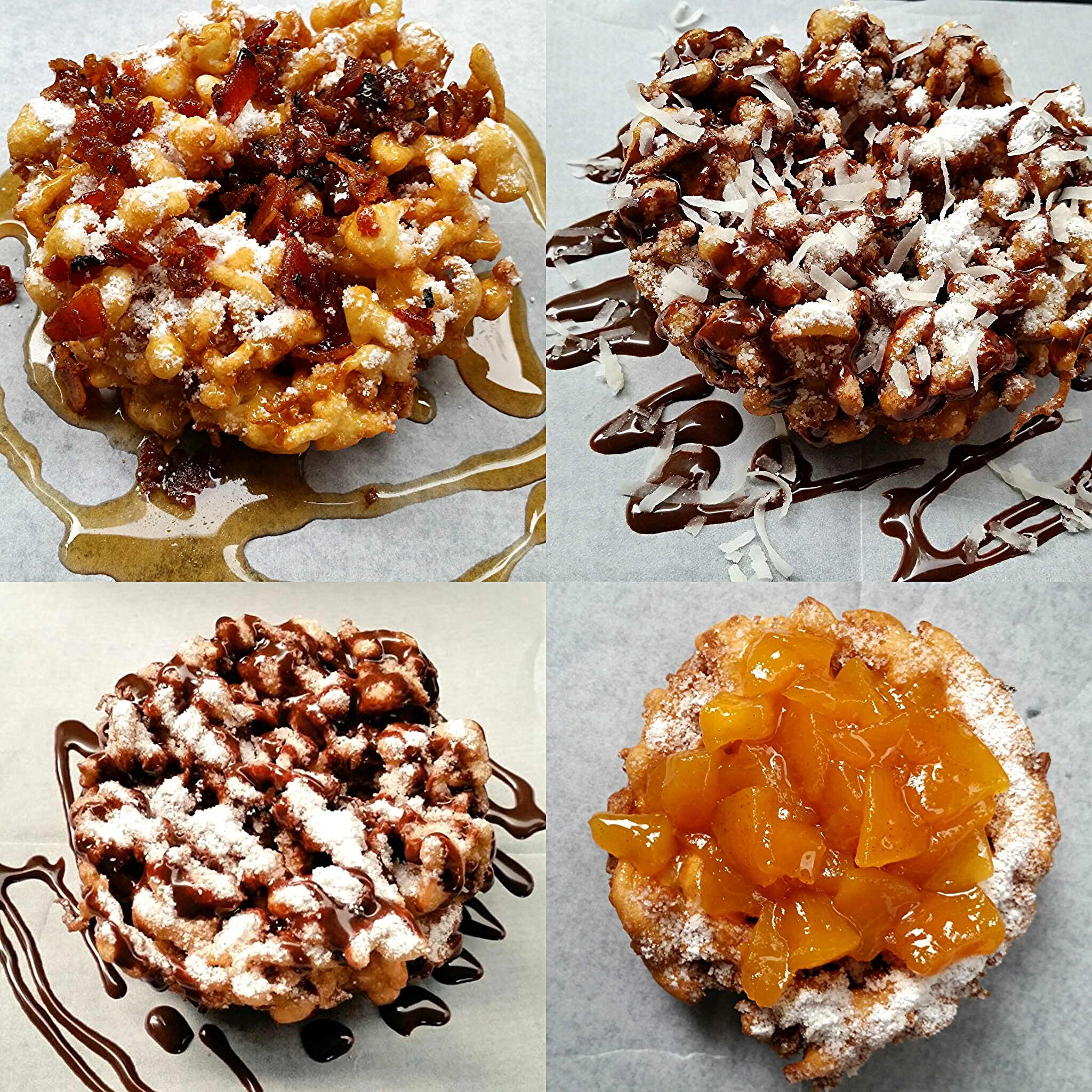 Funnel Cakes! Bacon, Coconut Chocolate, Hazelnut Chocolate, Peach Cobbler