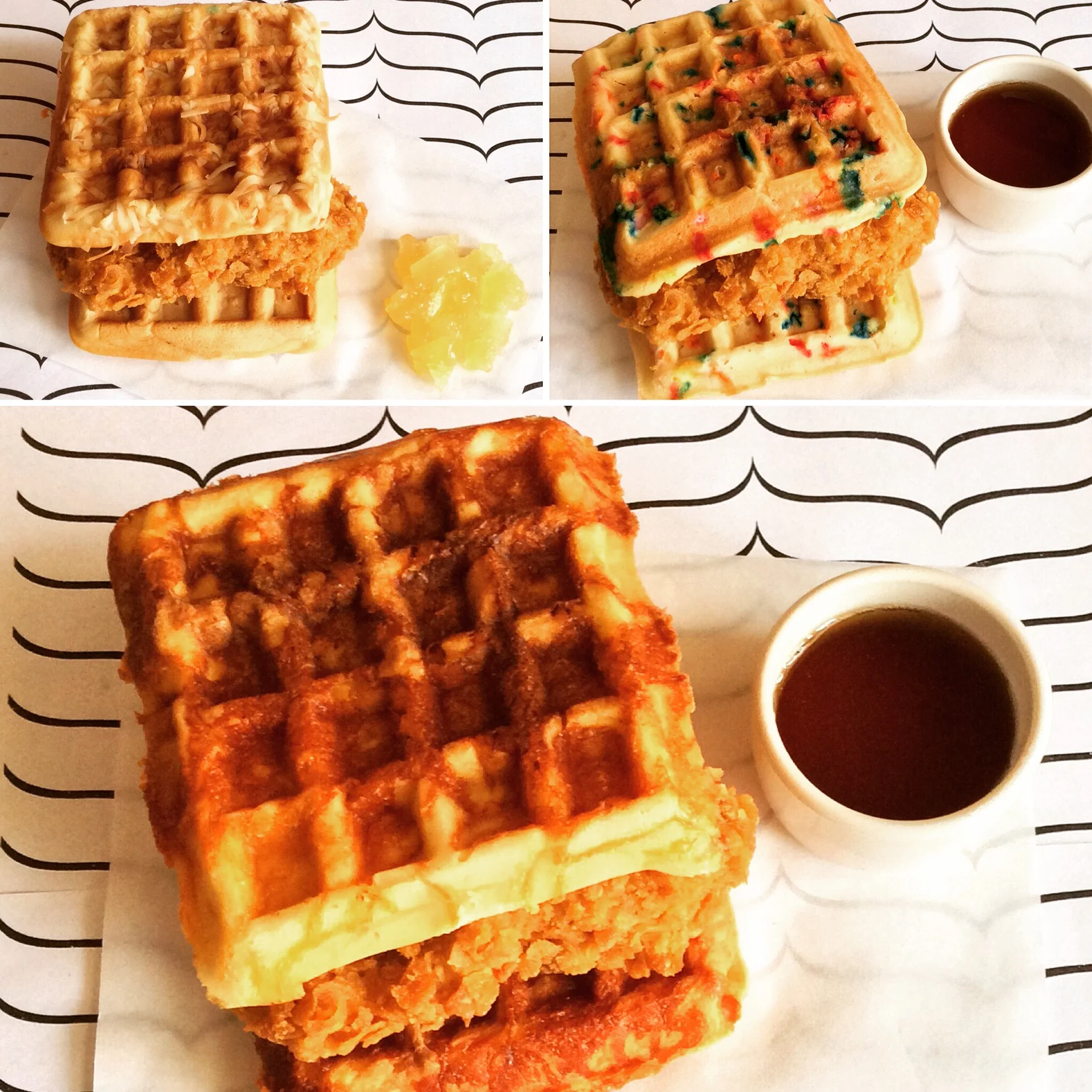  Chicken &amp; Waffle Sandwiches  Coconut Waffle w/ Pineapple Topping&nbsp;  Birthday Cake Waffle w/ Vanilla Syrup  Bacon Cheddar Waffle w/ Honey Sriracha Syrup&nbsp; 