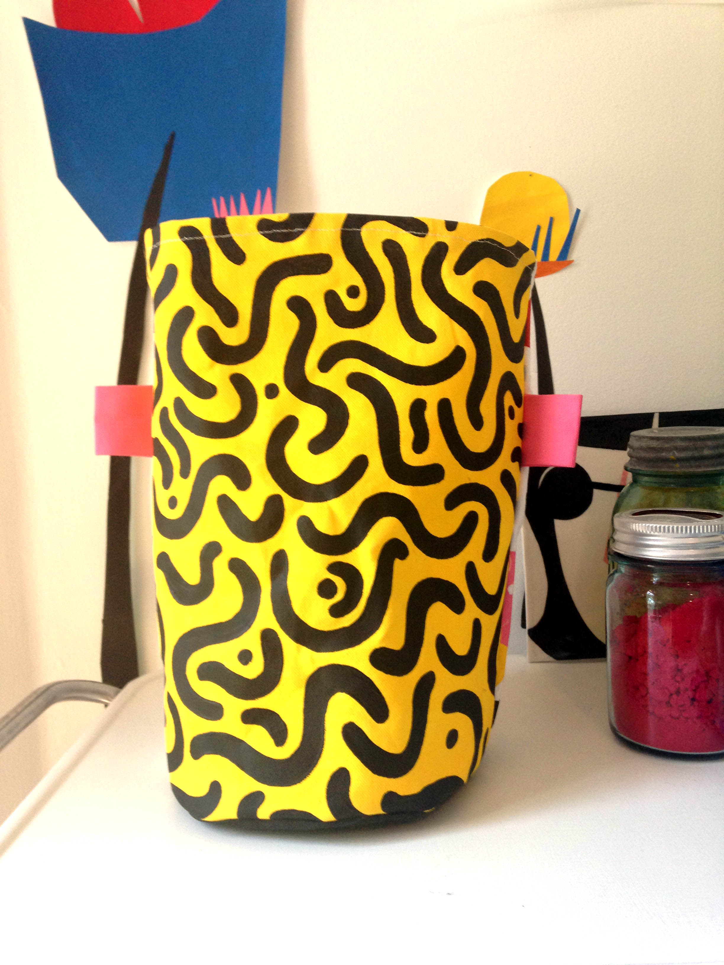 bucket bag front: canvas, acrylic paint