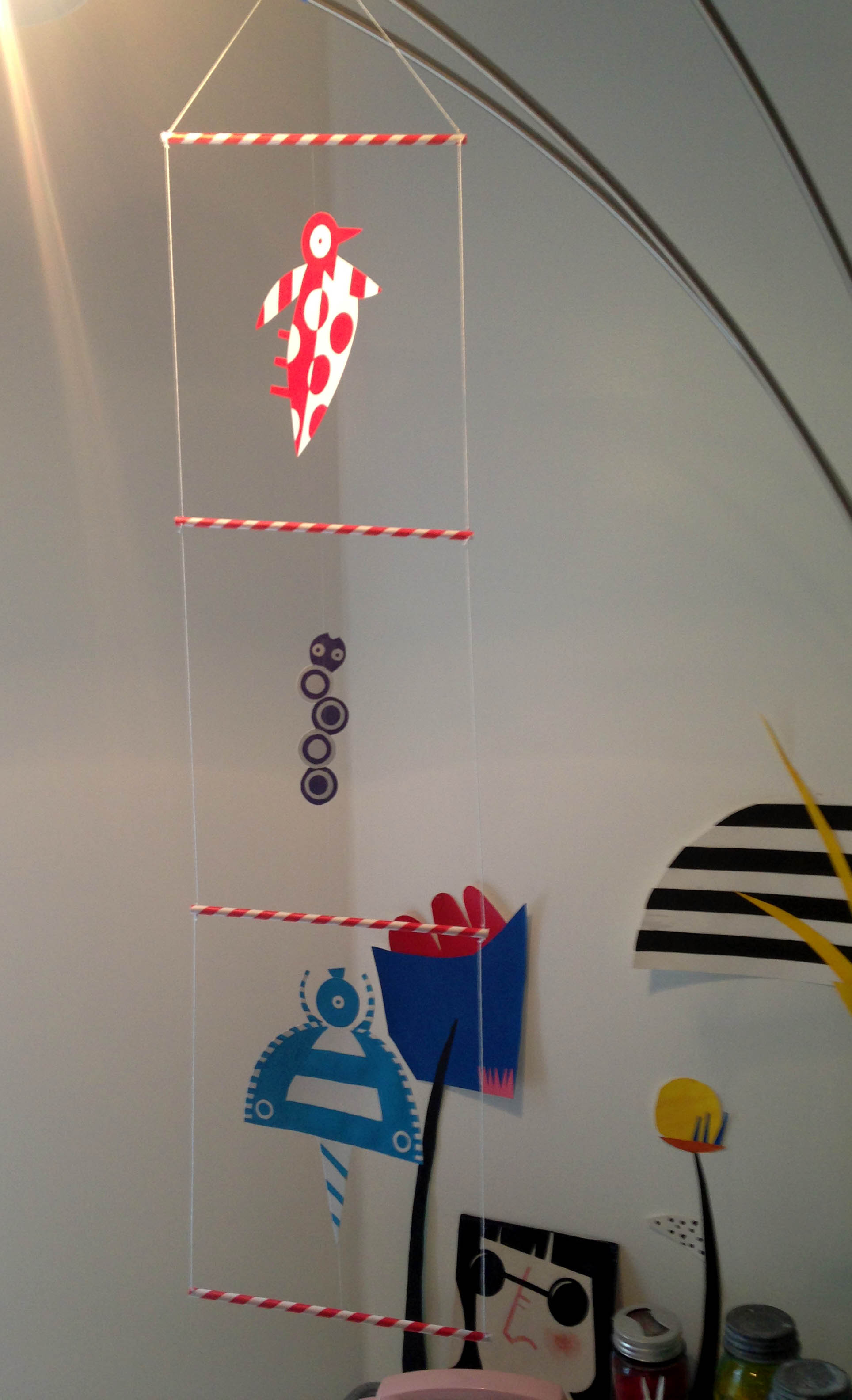 cardboard, acrylic paint, straws, string, monofilament 