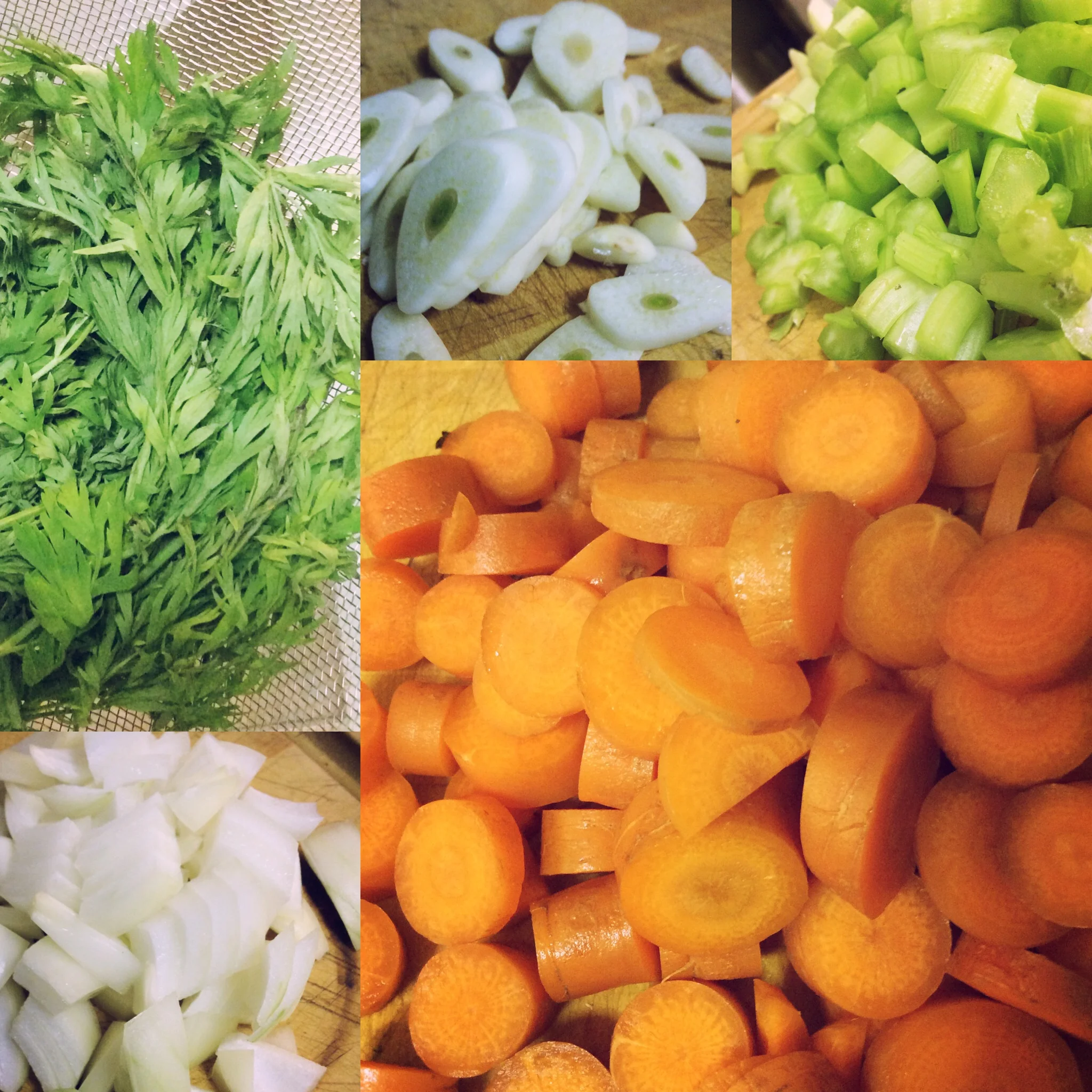 Clockwise from top left: Carrot greens, garlic, celery, carrot, onion. 