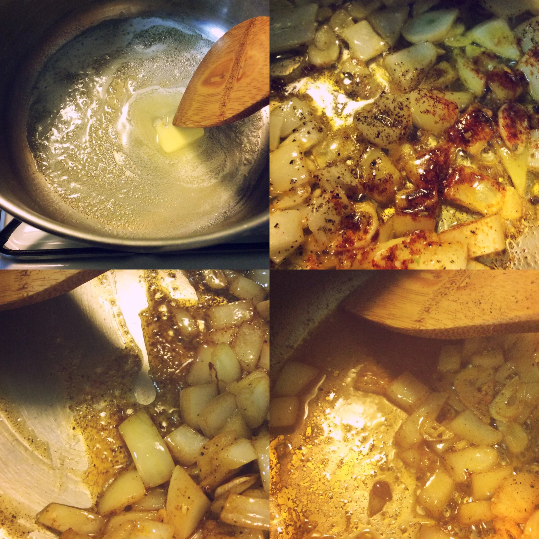 Clockwise from top left: Melting butter, seasonings, ready for vinegar, deglazed. 