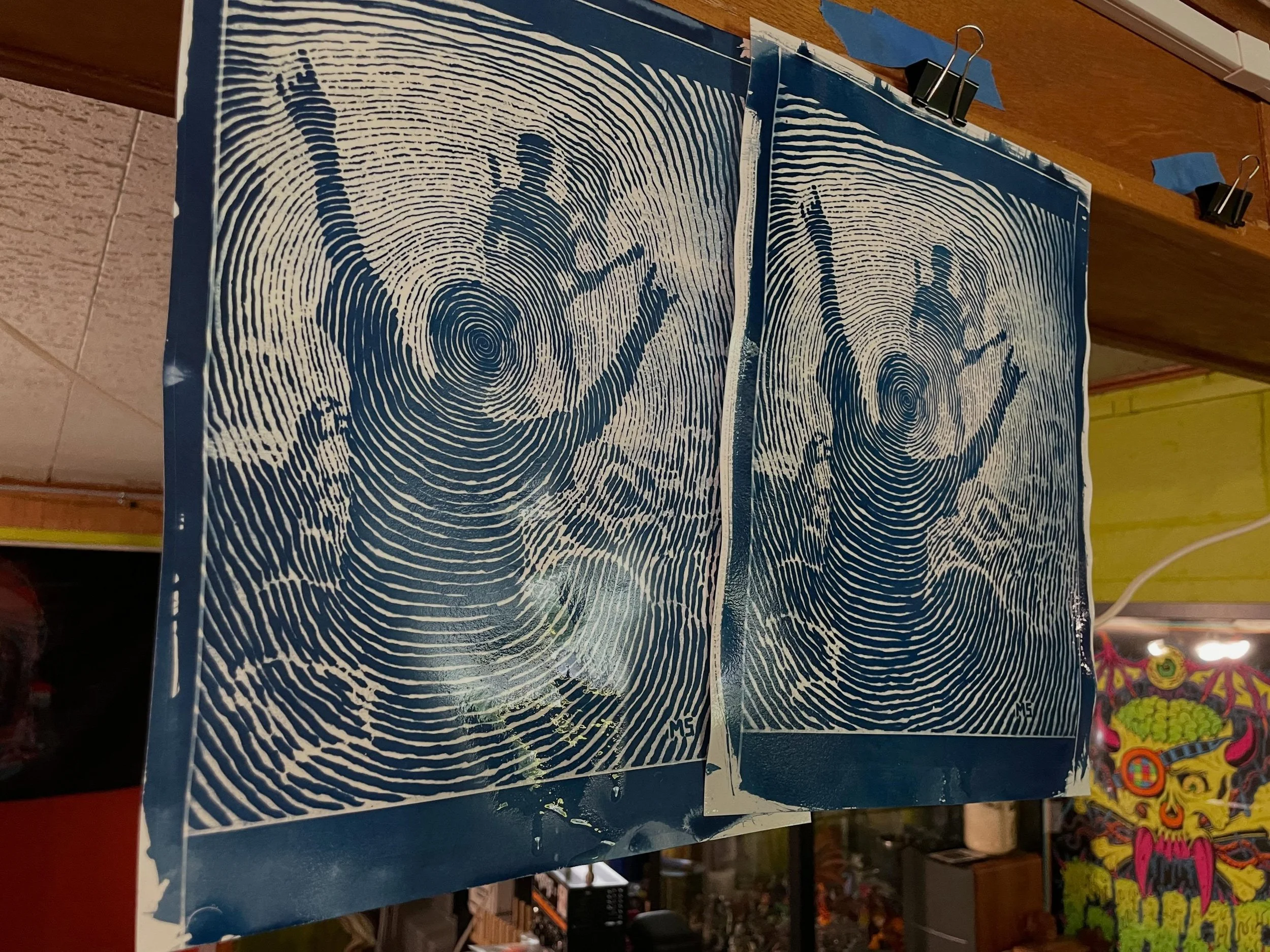 New technique unlocked! Hand-brushed and exposed Cyanotype prints are hanging up to dry. Hoping to have a handful available at Cutie Fest this Saturday.