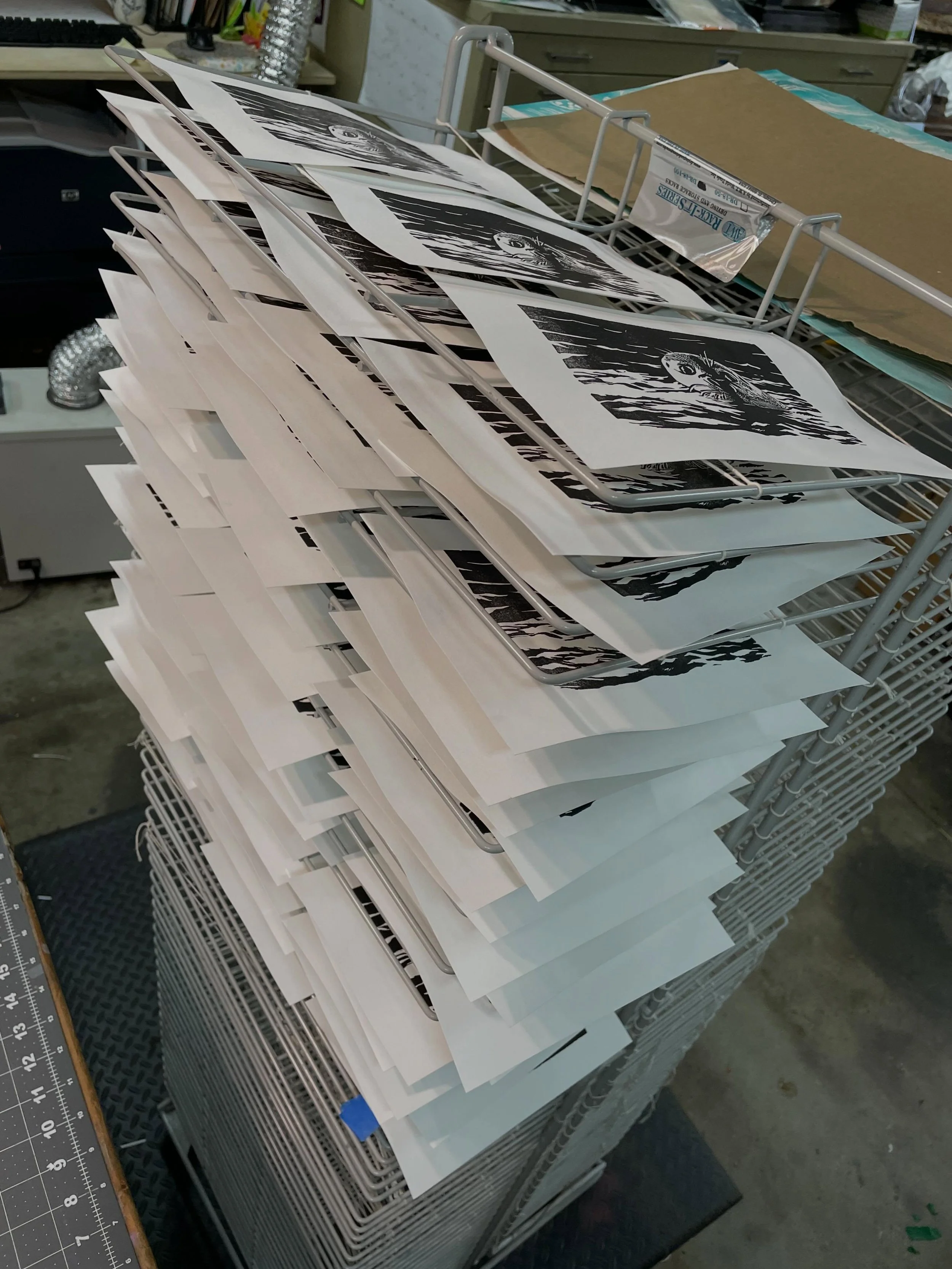 Back in the studio and productive. Last week didn&rsquo;t go great, paper was too saturated and I had the wrong ink so I ended up not getting anything useable. Today is much better. Just finished the first run of this block and about to run a reprint