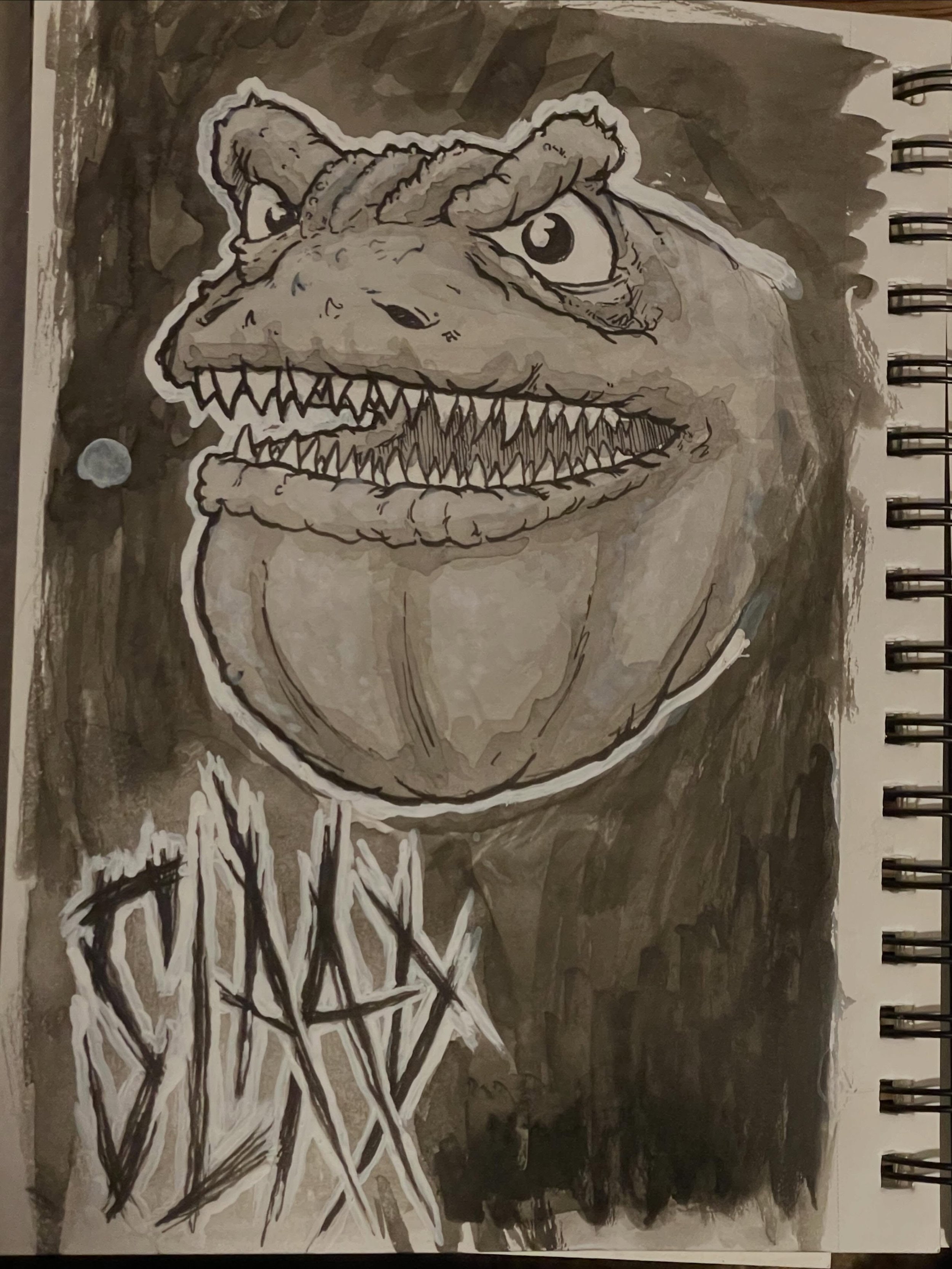 Another fun monster sketch from my sketchbook, using ink washes and acrylic white paints.