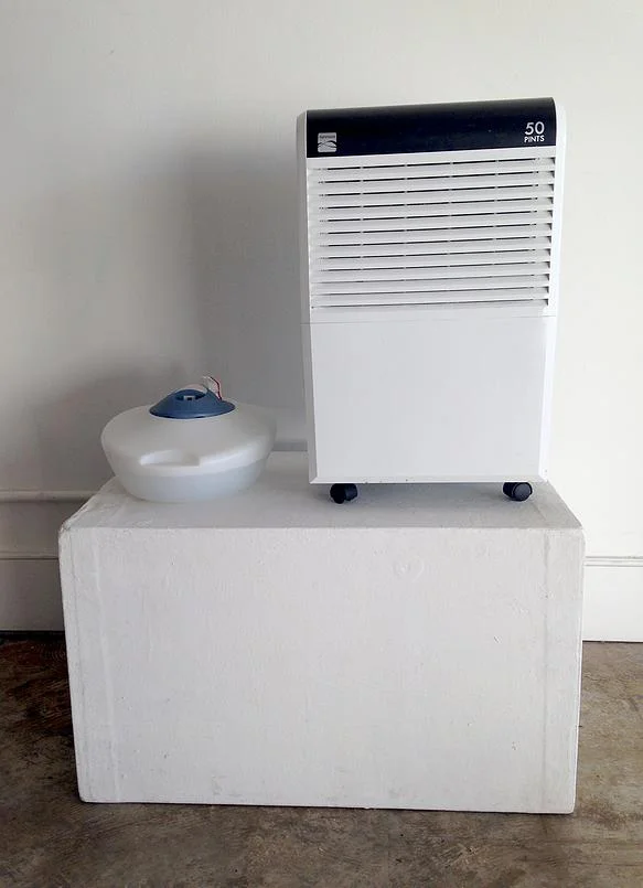 Respirateur , humidifier, dehumidifier, 2014 A humidifier and a dehumidifier sit beside one another on a pedestal, one adding humidity while the other subtracts. Neither one makes any progress in adjusting the climate of the room.