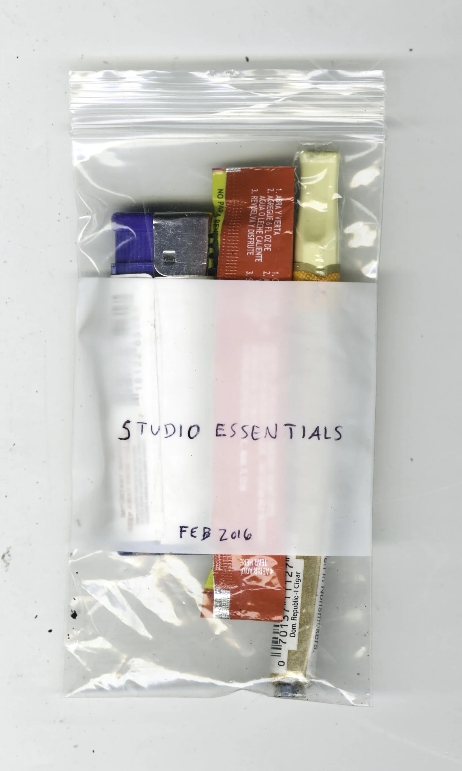 Studio Essentials. Feb 2016 , Cafe Bustelo instant coffee, Jazz Black & Mild, Rhianna lighter, bag, 2016