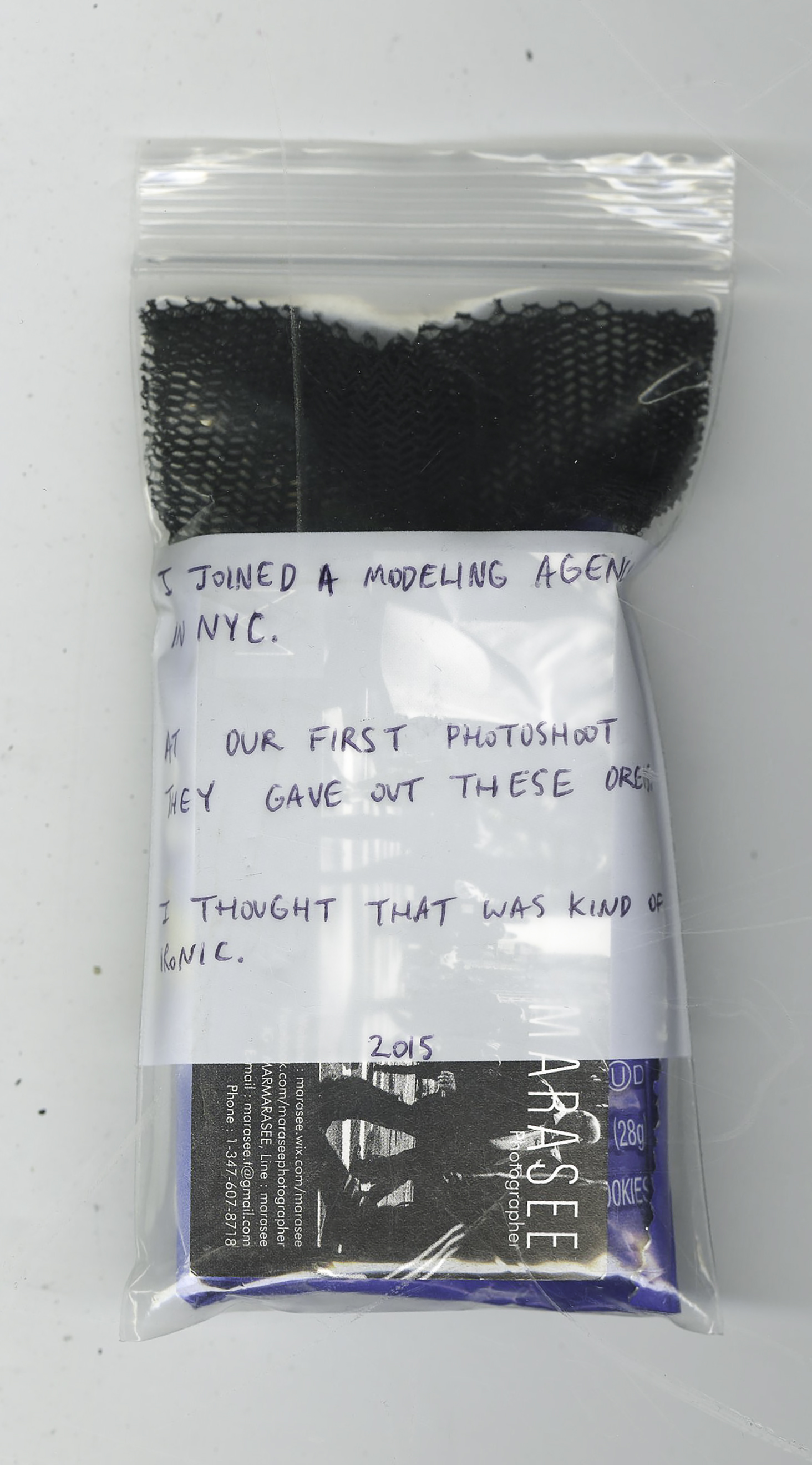 I joined a modeling agency in NYC. At our first photoshoot, they gave out these oreos. I thought that was kind of ironic. 2015, snack-size oreos, mesh, business card, bag, 2016