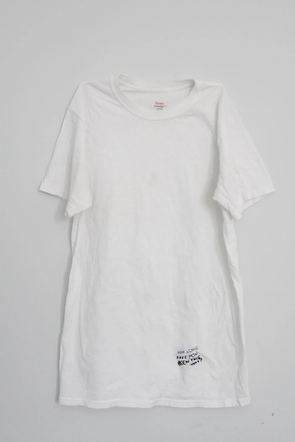 How Long Have You Been This Way, 2017, embroidered t-shirt, 16" x 24"