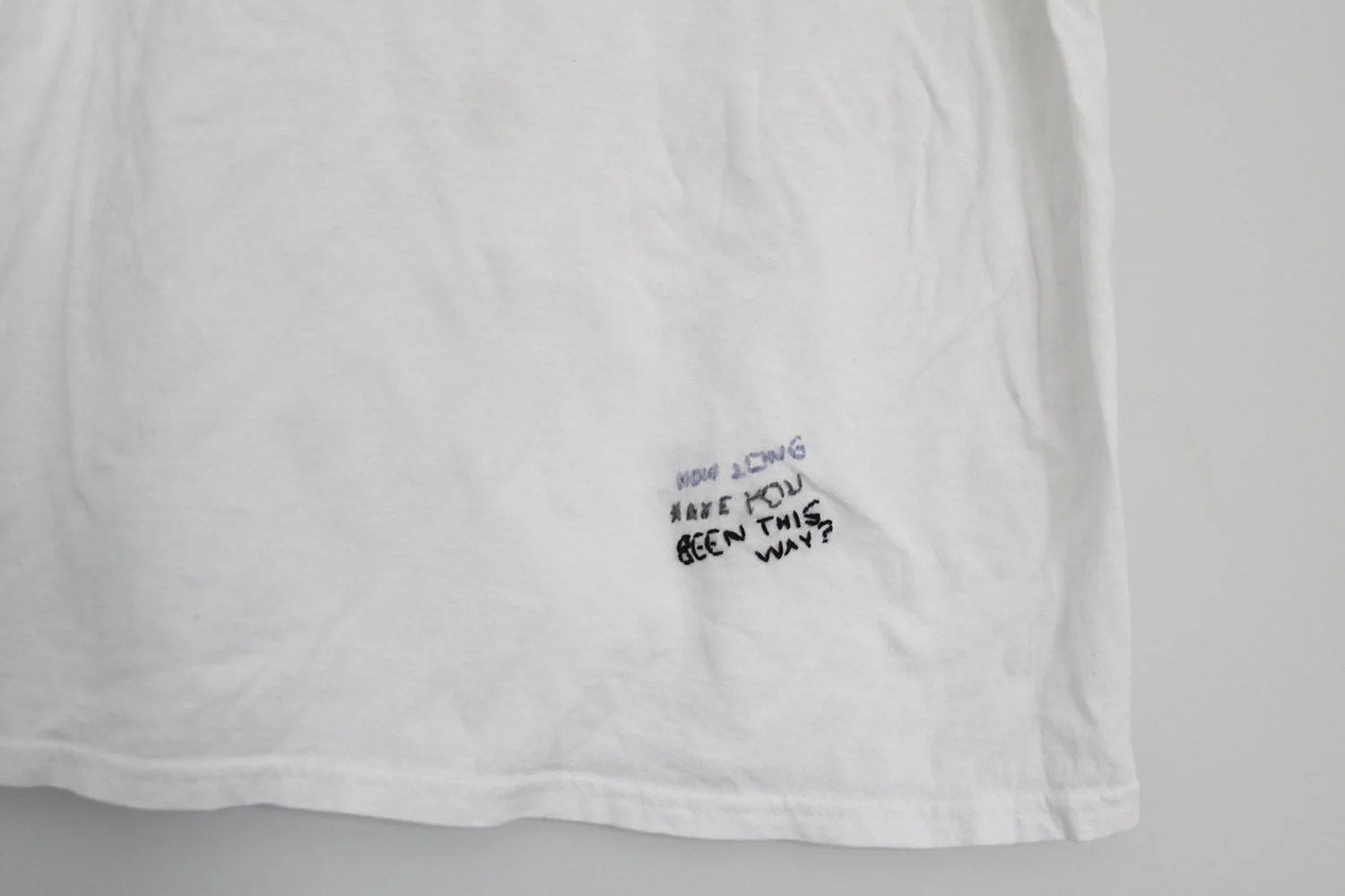 Detail: How Long Have You Been This Way, 2017, embroidered t-shirt, 16" x 24"