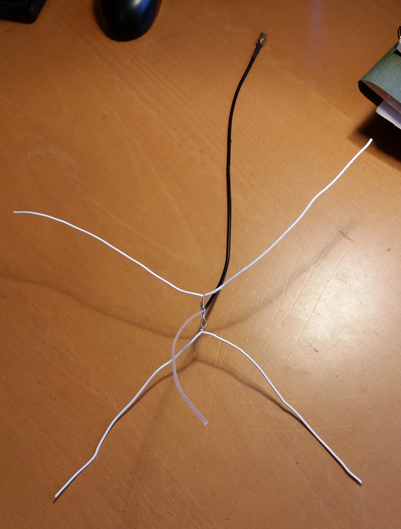 The basic 1/4 wave ground plane antenna built for transmitting the radio signal from the Pi in the Sky.