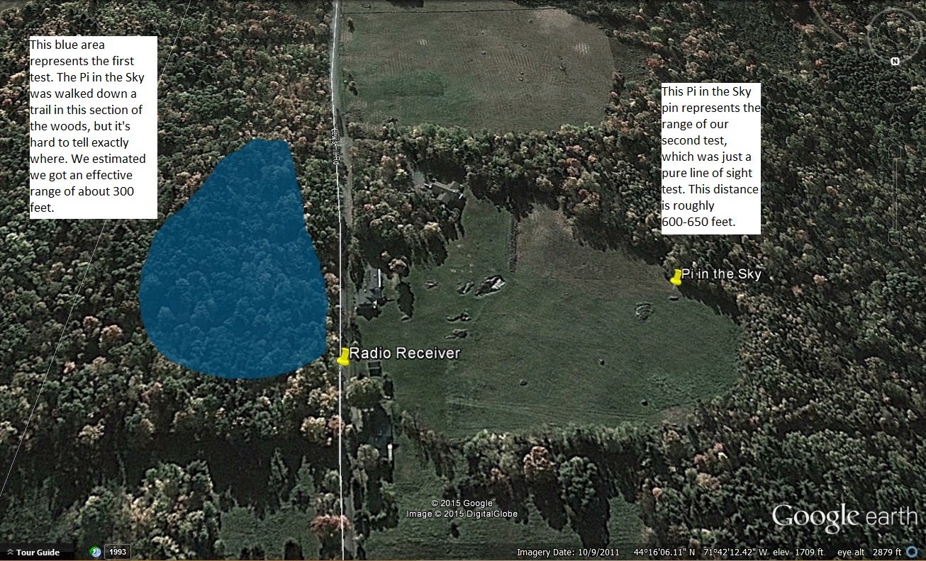 A screenshot of Google Earth showing the locations and approximate distances of our radio tests.