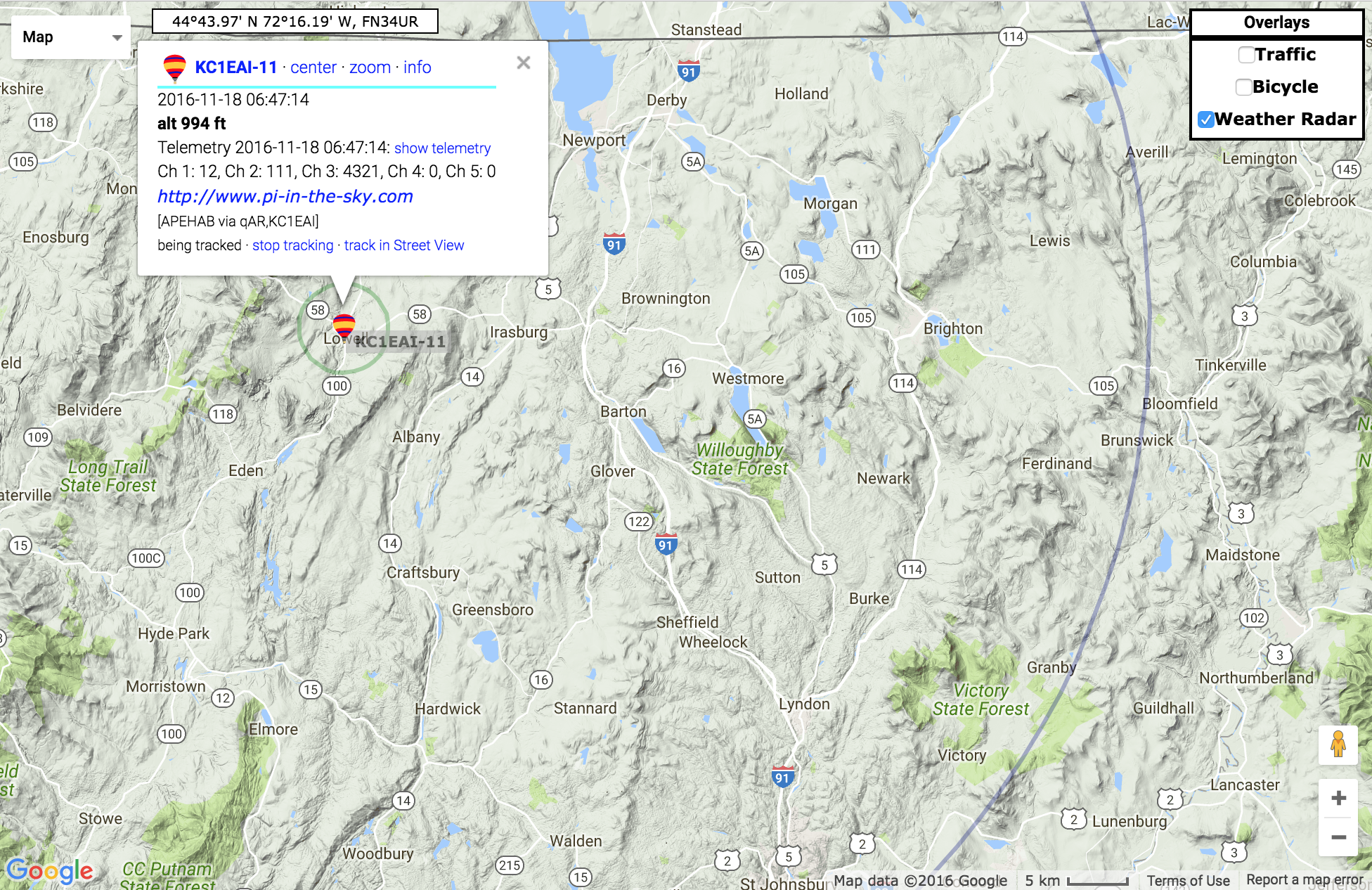 Image from the website aprs.fi on the day of our launch. We intended on using this website to display our balloon flight path across the region from Vermont to New Hampshire.
