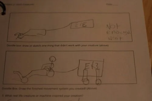 A page from one student's WMSI journal: the first doodle box (above) shows the first build version. The second version shows a weighted motor. Also, the EV3 being dragged along now has wheels!