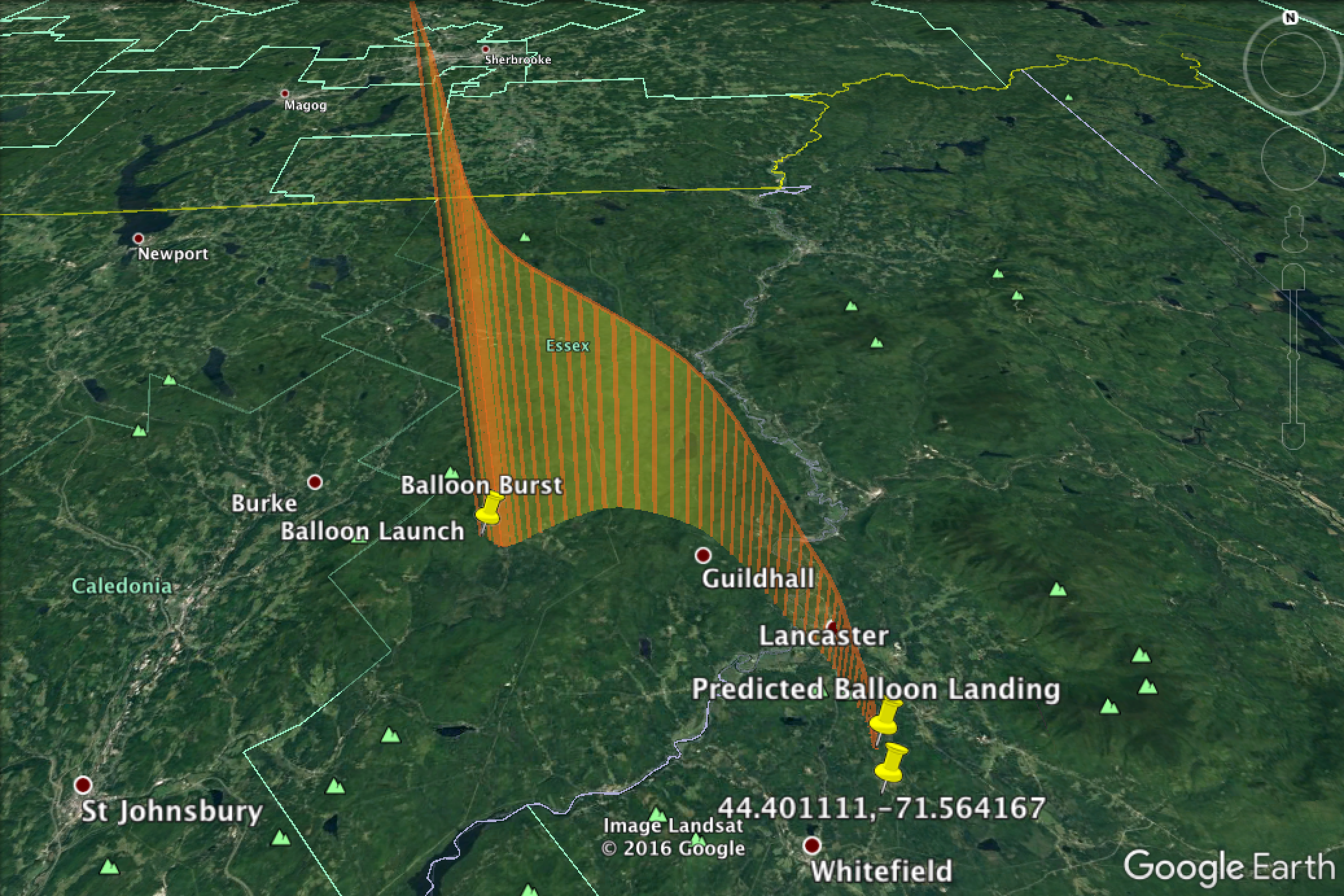  Updated descent prediction based on the known location and altitude of the balloon's highest point.  This prediction helped us figure out the best place to search for the payload box. 
