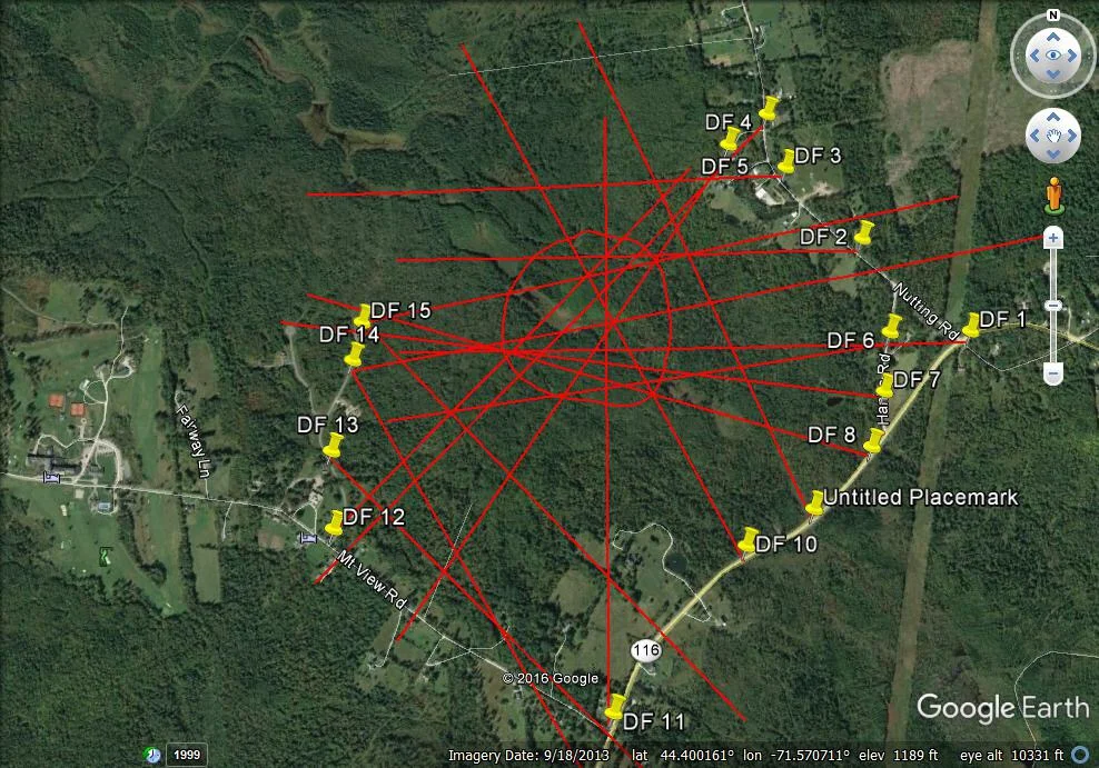  Map created by Eric Lougee (KB1OKX) showing the search area based on compass bearings of strong radio signals received at diferent locations on the roads near the predicted landing zone. 