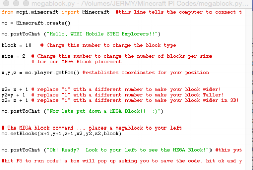  The Megablock python code. Everything in red is instructions for the Explorers 