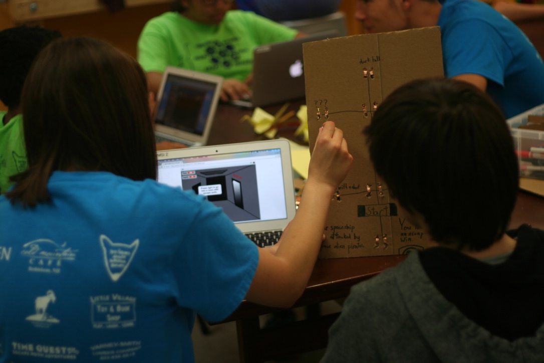  An electric, interactive game board. Whenever a game piece hit a game board square, it would complete a circuit, triggering your avatar on the computer to move to a different part of the spaceship.  