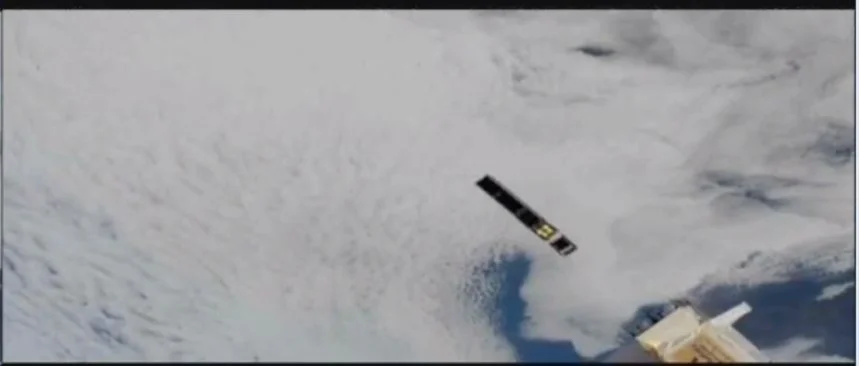 Our first picture of EQUiSat in space; screenshotted from the livestream. It is clearly visible by it’s 4 LEDs