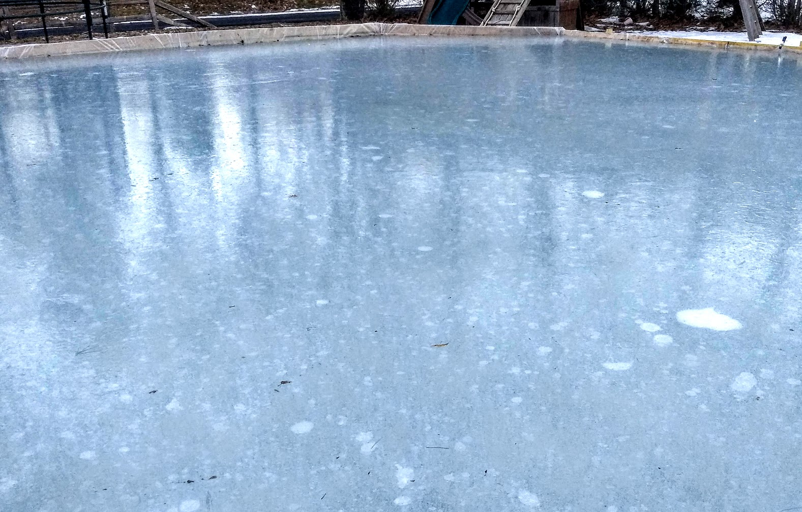 Each twig or pine needle frond will absorb more heat than its surrounding ice, causing divots in the ice. DIVOTS!!!