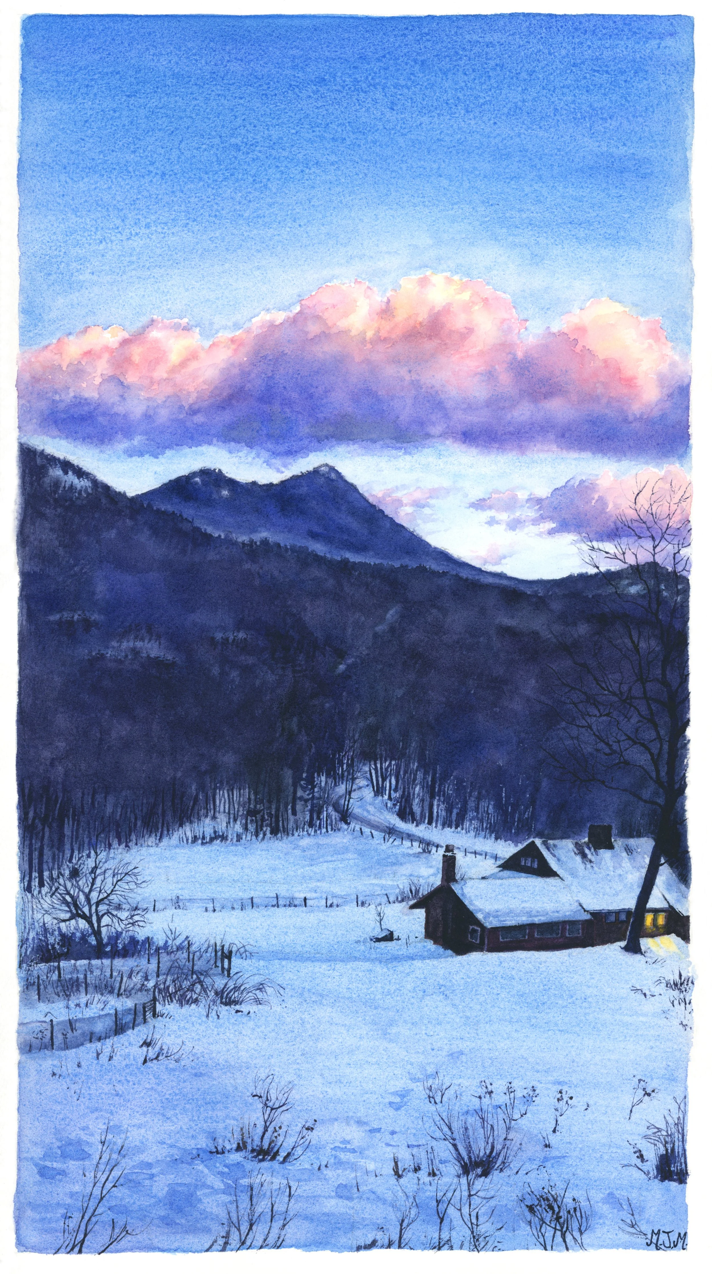 Winter Blues, Jackson, NH, Watercolor