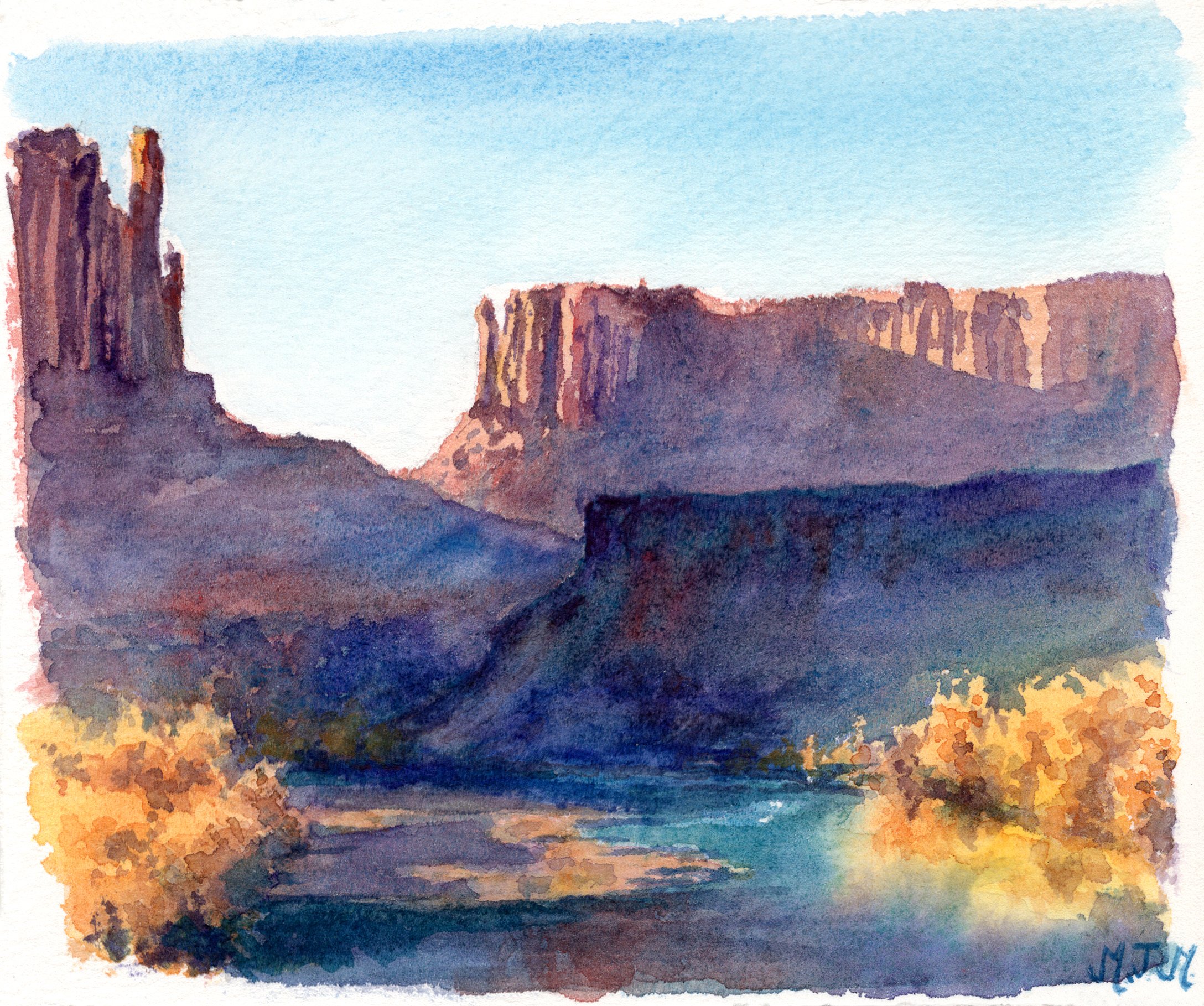 Morning on the Green River, Canyonlands NP, UT, Watercolor