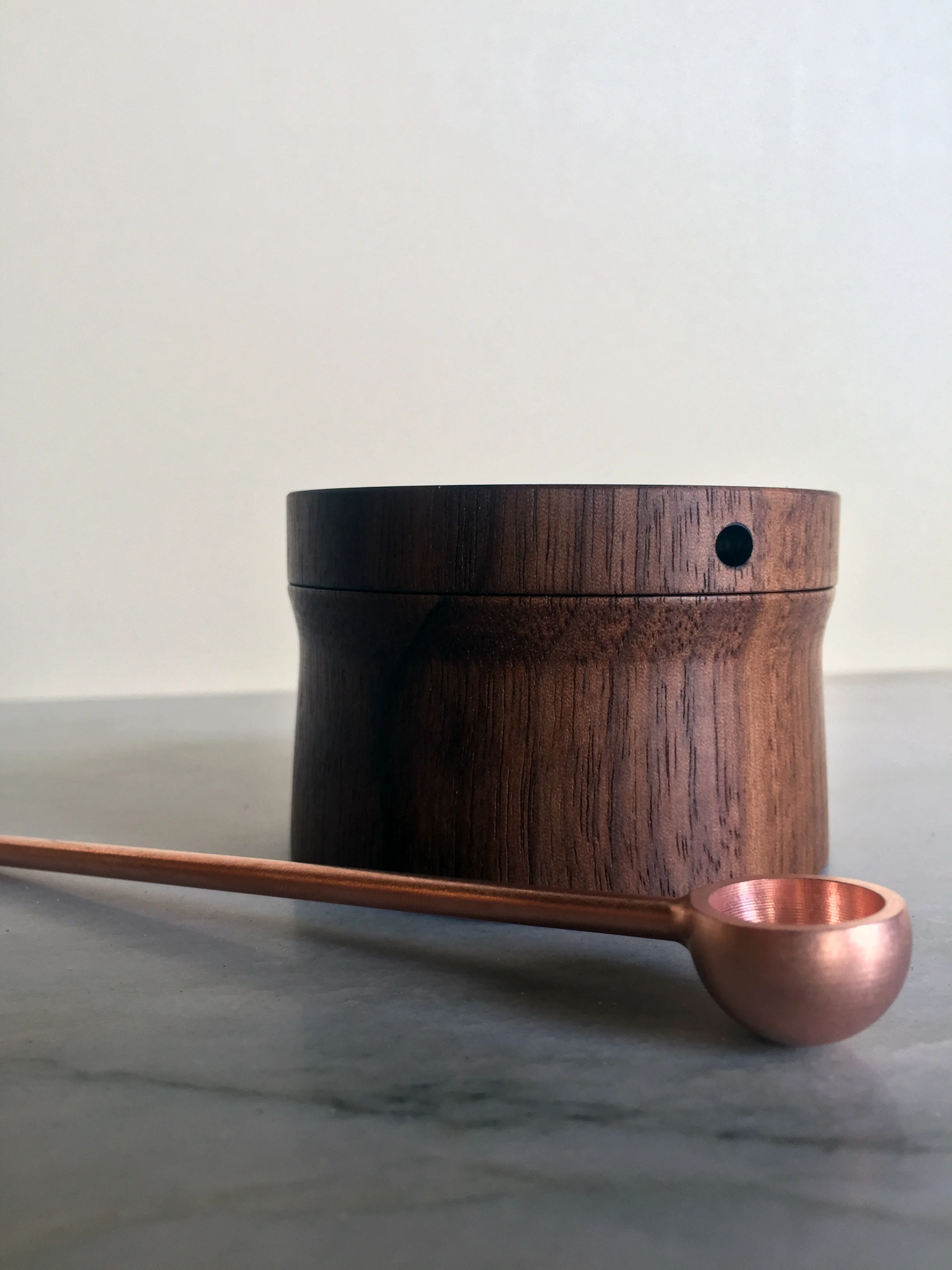 Hew Walnut Salt Cellar Copper Spoon Detail