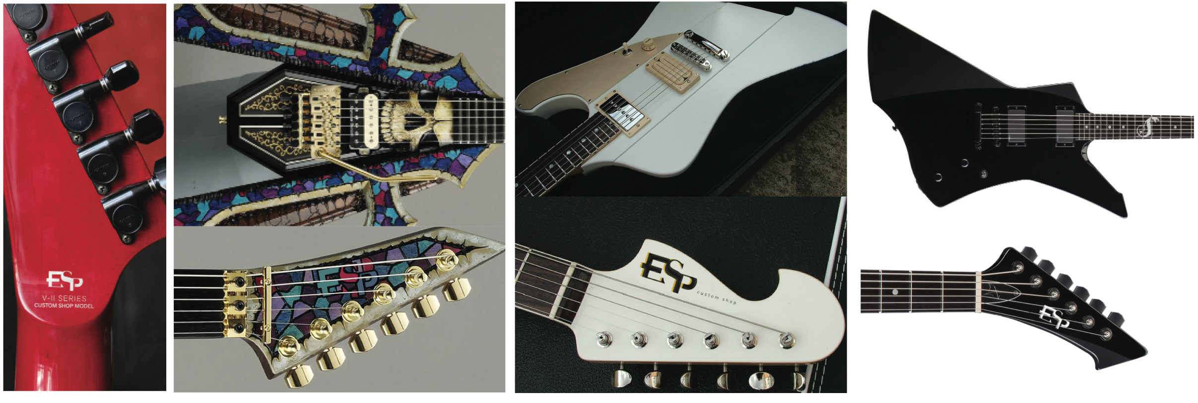 Because the guitar would mostly be in a horizontal position when it is played, the ESP logo will always be in a horizontal position. The design must stay the same size, but can change color or material based on the design of the guitar. Options include small strokes, offsets (must not exceed a third of the width of letterstroke), and chrome plating. The choice of color and material would be at the discretion of the custom shop worker and the client The logo may also be modified as long as it does not clash with the material and color of the custom design. For example, the design of the ESP Amakusa involves a mosaic pattern, therefore the logo may also be a mosaic.