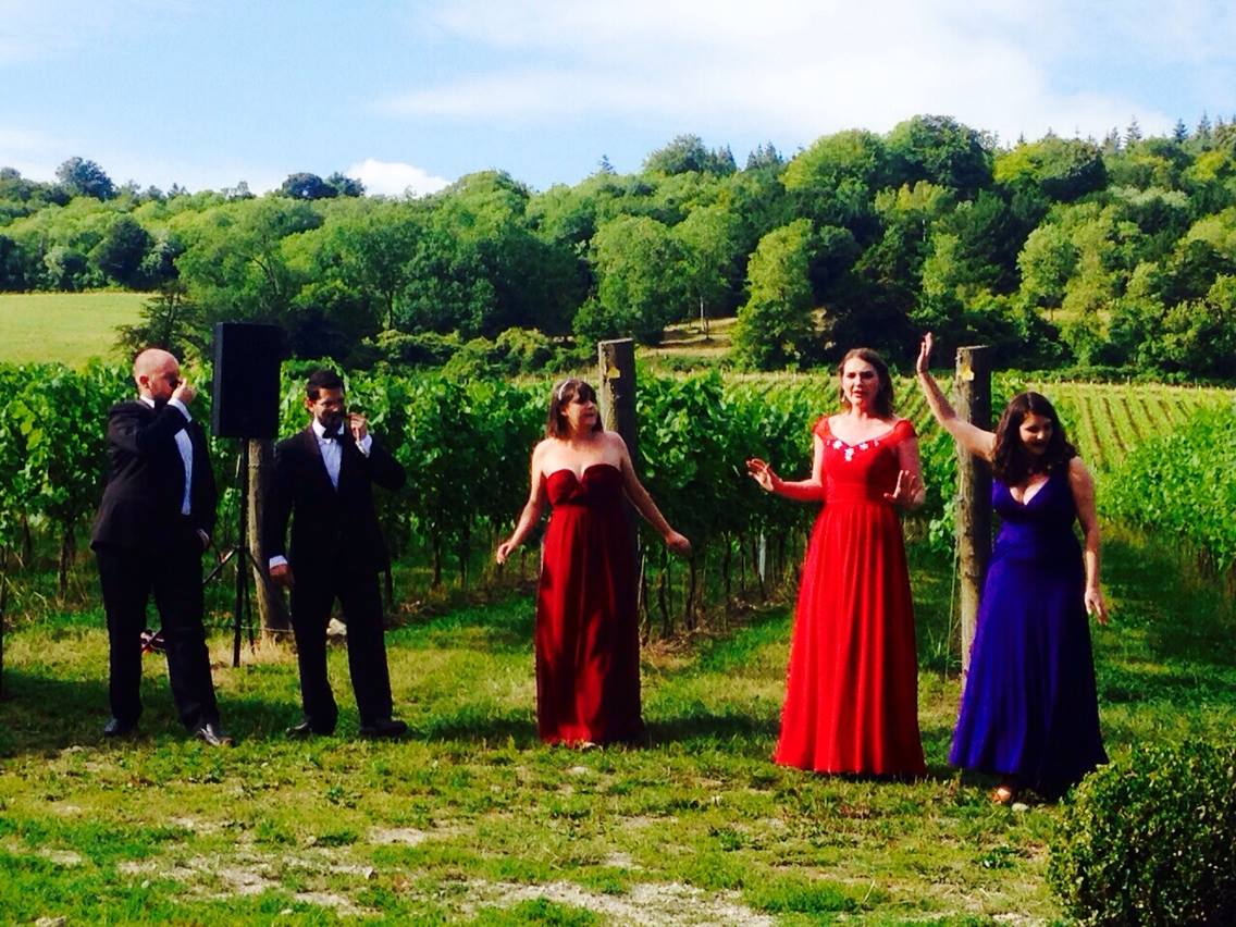 Emily performing in scenes from Cosi fan tutte at Albury Vineyard, alongside (left to right) Adam Jondelius (baritone), Gareth Edmunds (tenor), Frances Gregory (soprano) and Sophie Levi (soprano). 